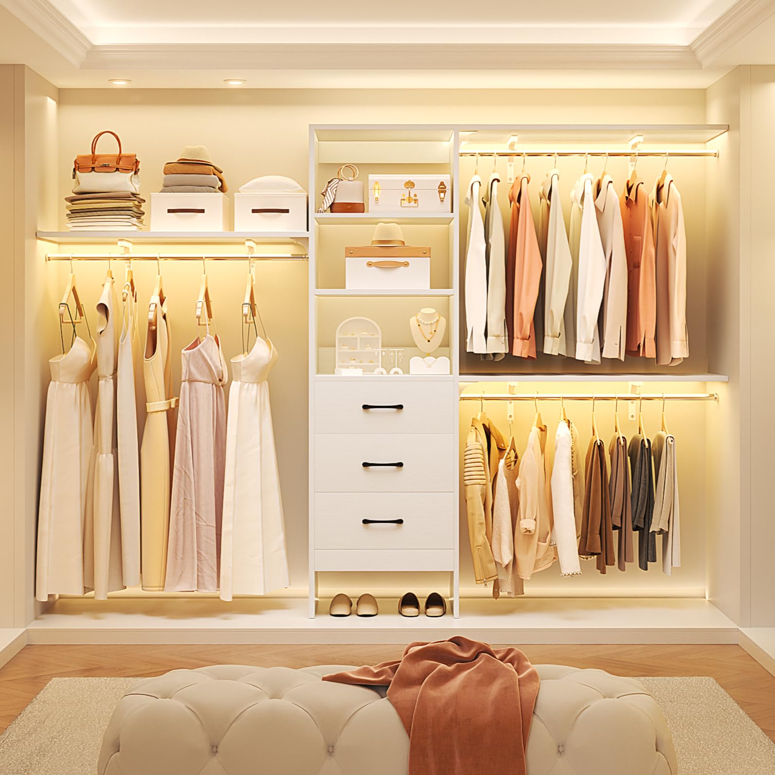 96 Inch Heavy Duty Walk-In Closet Organizer System - 8FT Closet Storage with 3 Adjustable Shelves, 3 Hanging Rods & 3 Drawers - Built-In Garment Rack (96
