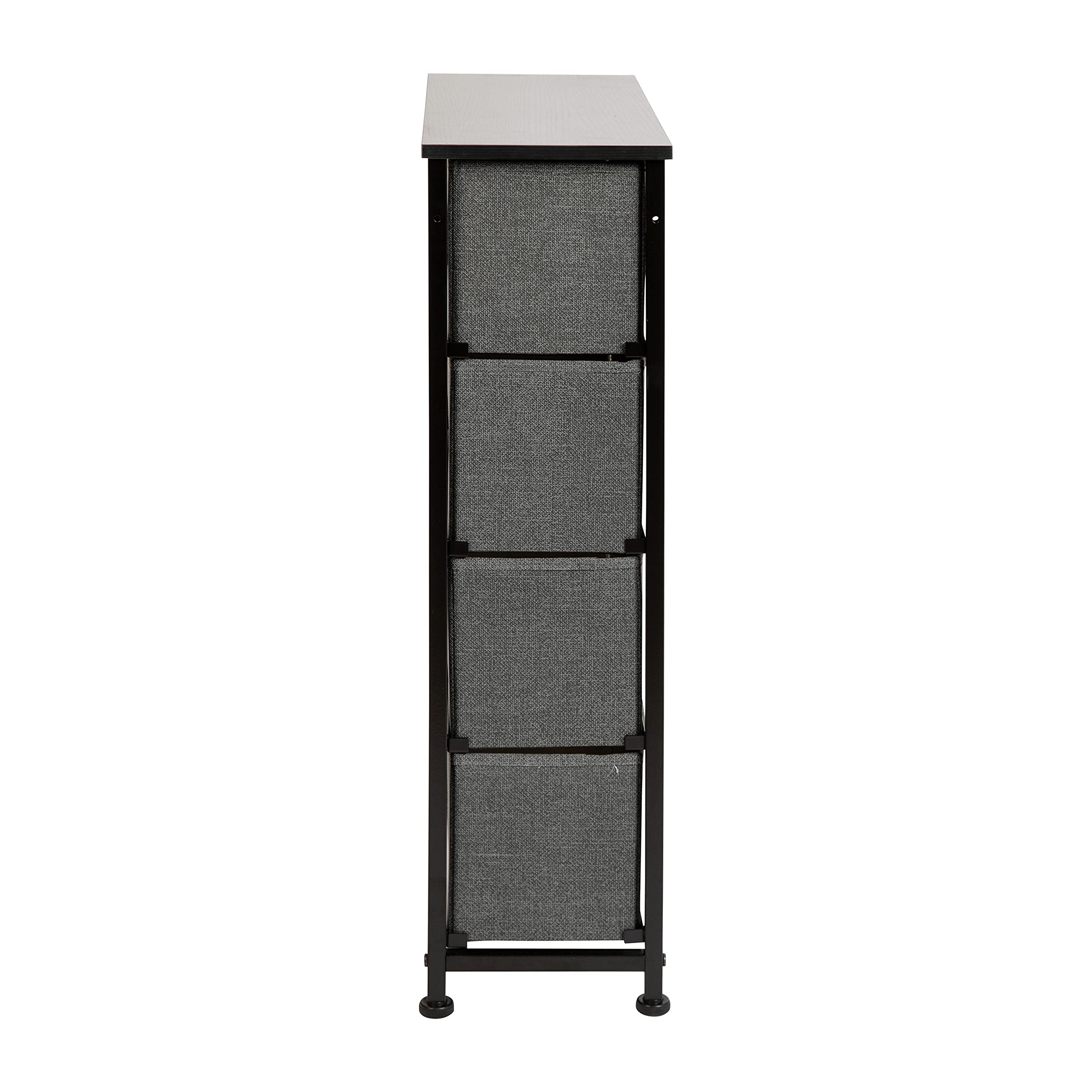 Emma & Oliver 4-Drawer Slim Dresser Storage Tower - Black Wood Top & Gray Fabric Drawers for Bedroom, Closet, or Nursery Organization