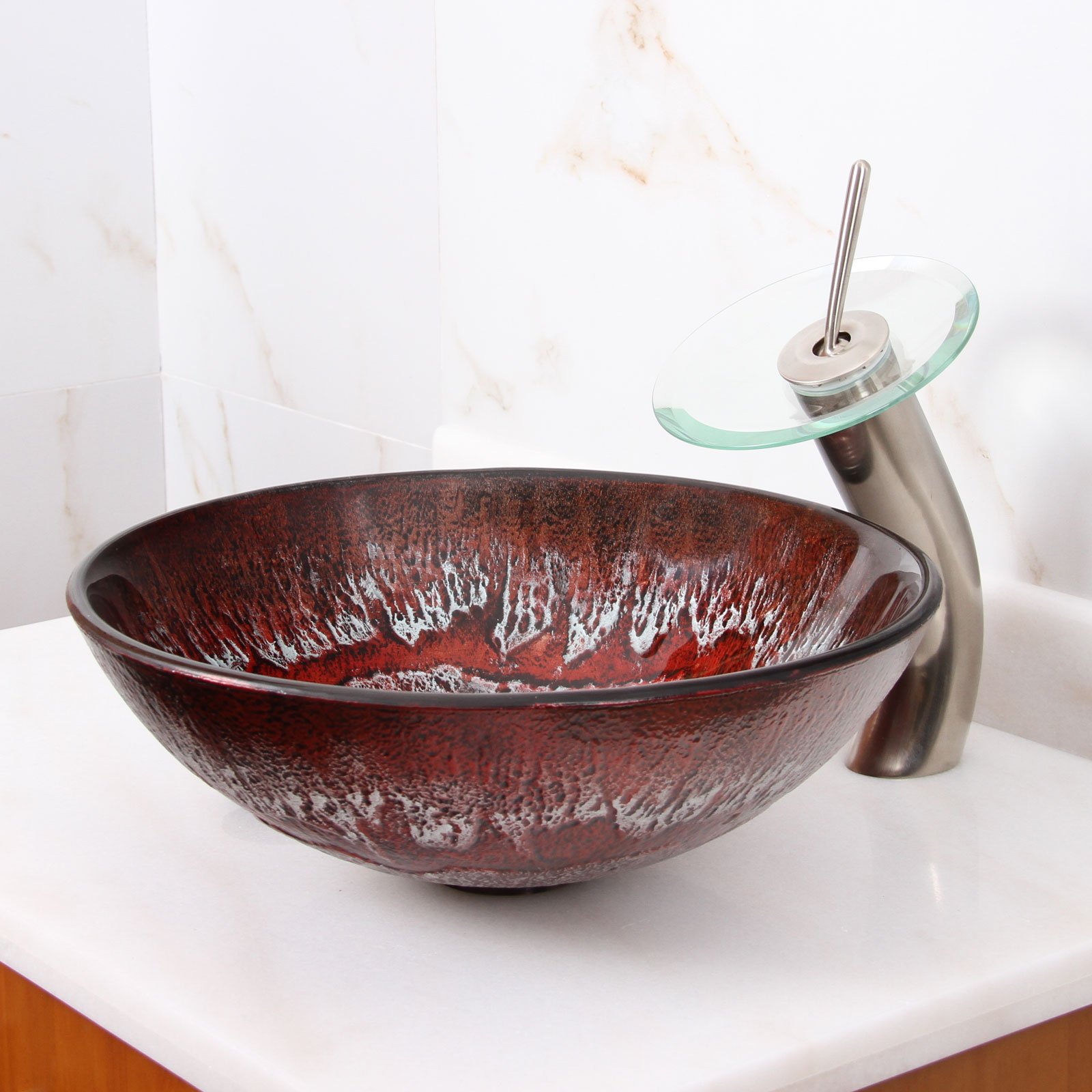 ELITE Antarctic Ruby Pattern Tempered Glass Vessel Bathroom Sink with Brushed Nickel Waterfall Faucet Combo - Modern Vanity Set for Powder Room, Guest Bath & Luxury Home Decor