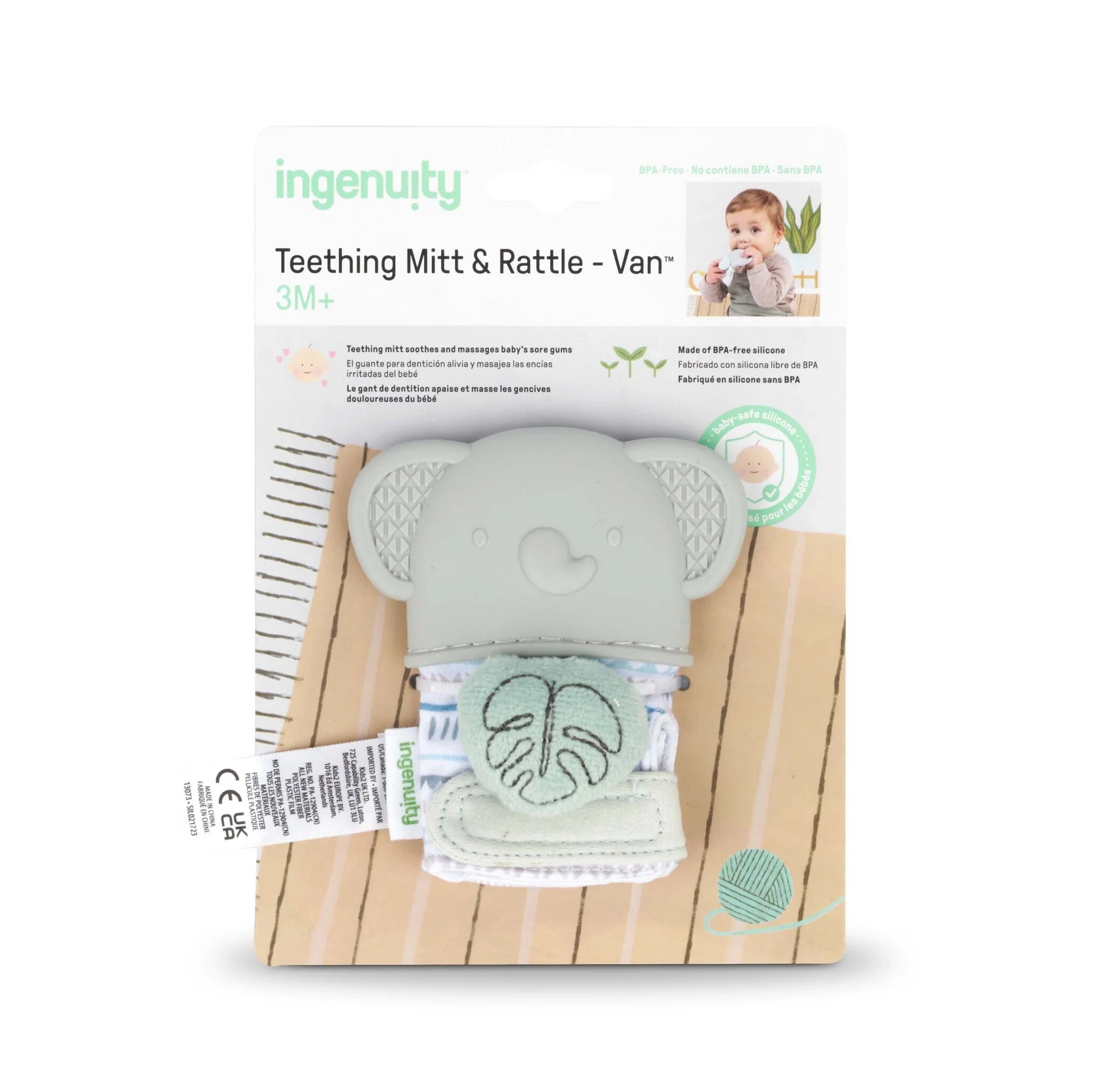 Ingenuity Van the Elephant Baby Teething Mitt & Rattle - Soothing Teether Toy for Infants, Soft Chewable Mitten with Rattle Sound for Newborns & Toddlers - Perfect for Teething Relief, Sensory Play & On-the-Go Comfort