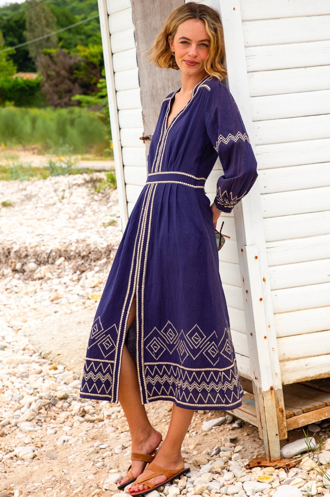 Jamila Embroidered Dress for Women - Navy Blue & Gold Floral Maxi Dress | Elegant Boho Chic Dress for Weddings, Parties & Special Occasions
