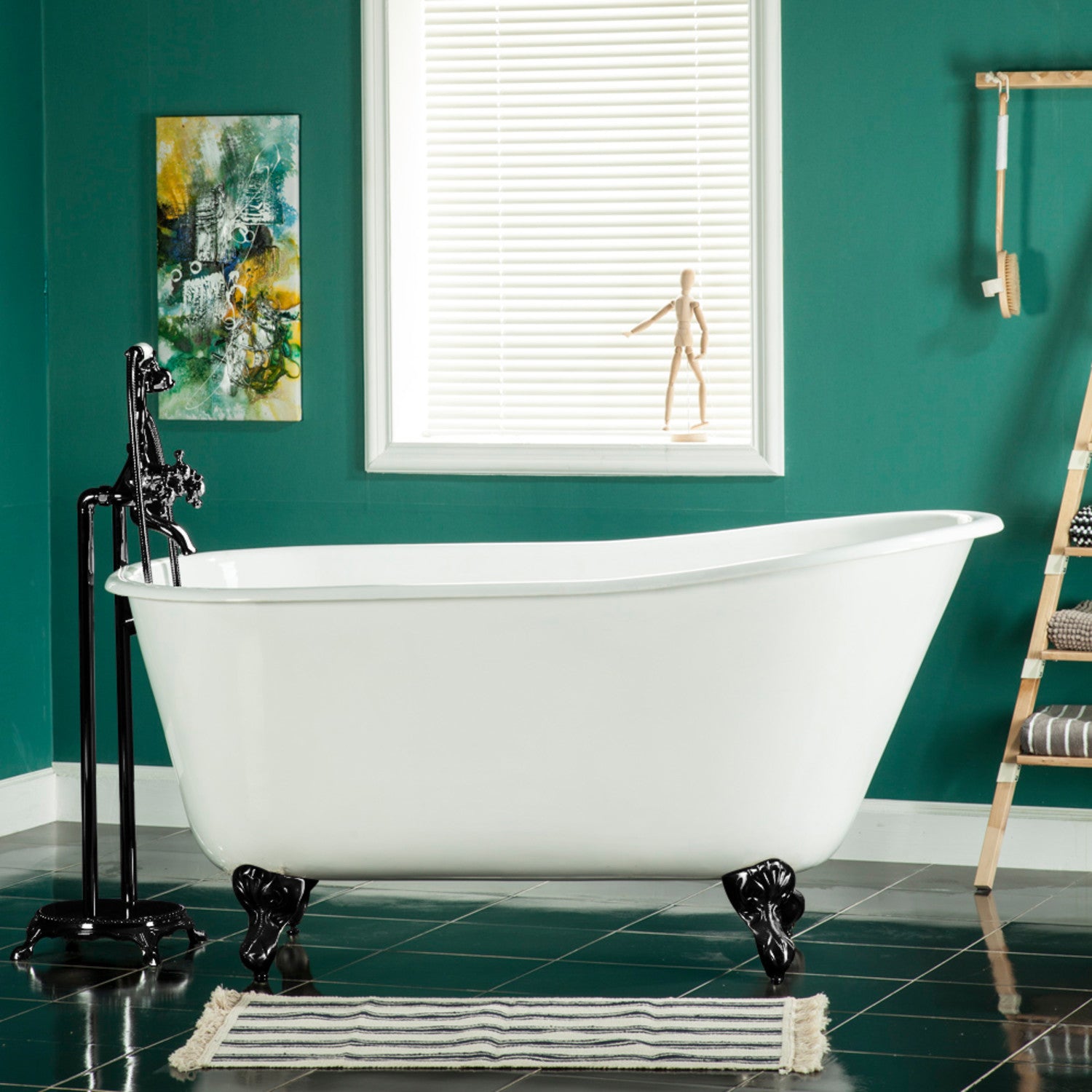 Aqua Eden 53 Inch White Matte Black Cast Iron Clawfoot Bathtub - Oval Single Slipper Soaking Tub (No Faucet Drillings) for Vintage Bathroom & Spa Retreat