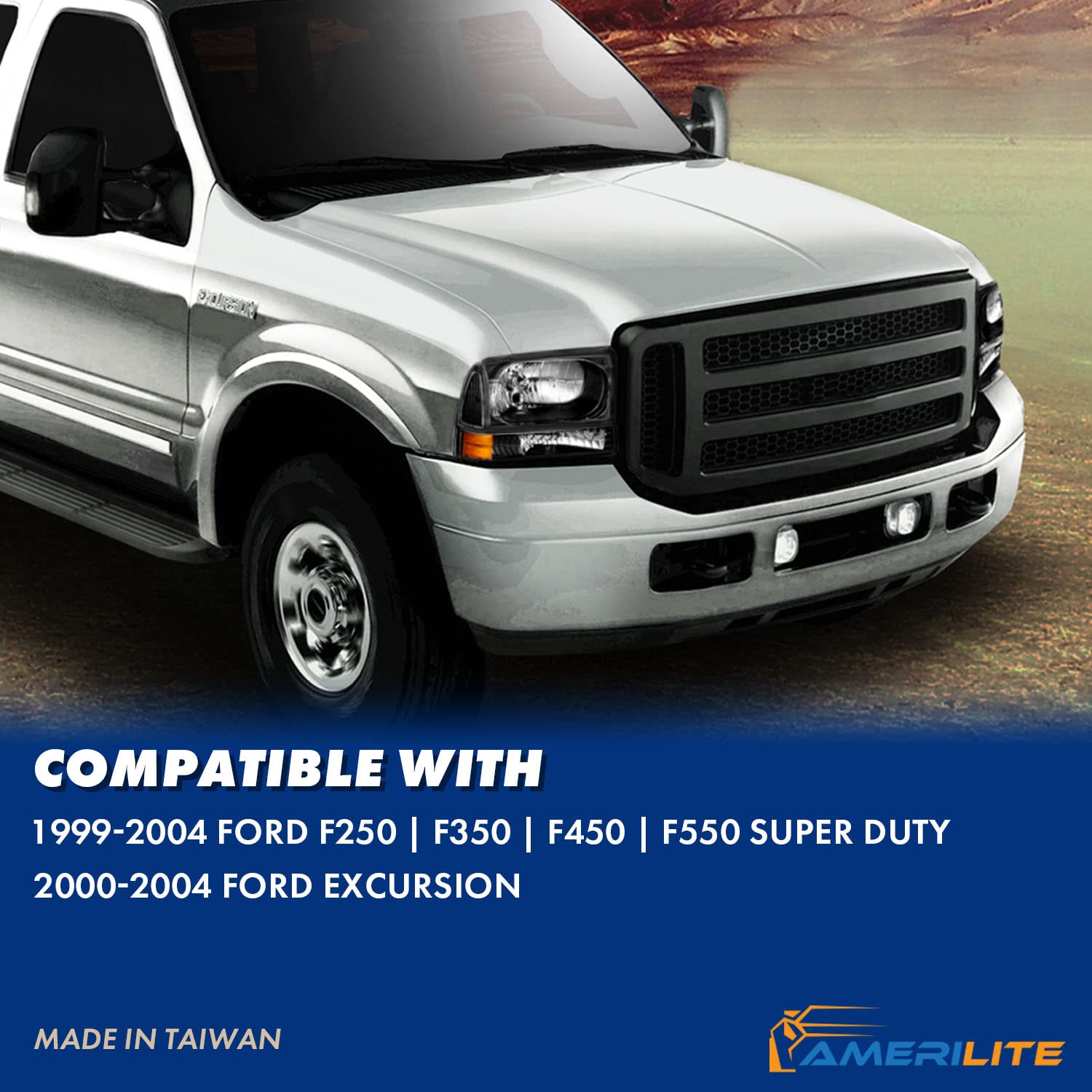 AmeriLite OE Black Headlights Set for Ford Excursion/Super Duty Trucks 1999-2004 - Upgrade Your Night Driving