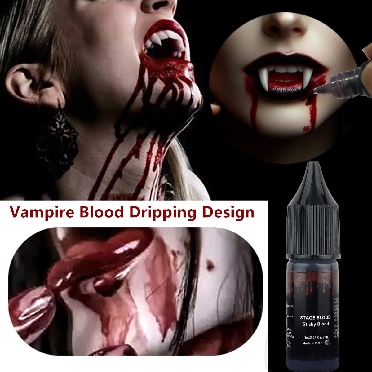 Vampire Fangs Teeth Set with Adhesive & Fake Blood - 4 Pairs in Different Sizes, Black Lipstick & Edible Blood for Halloween Costumes, Cosplay, Horror Parties and Theatrical Makeup