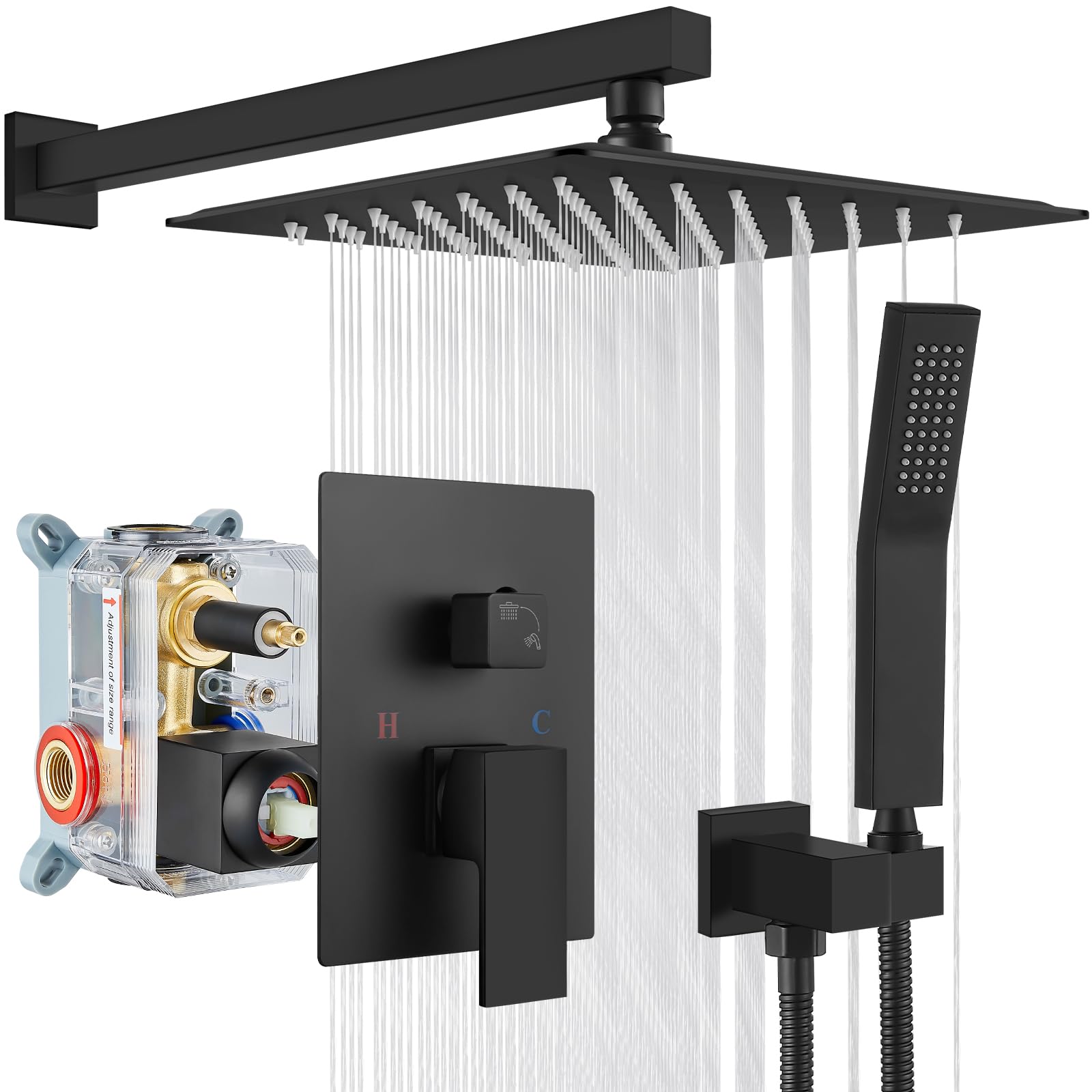Gotonovo Rainfall Shower System - 12 Inch Matte Black Wall Mounted Shower Head & Handle Combo with Solid Brass Pressure Balancing Mixer Valve - Perfect for Modern Bathrooms, Spa-Like Experience, High Pressure Rainfall Shower