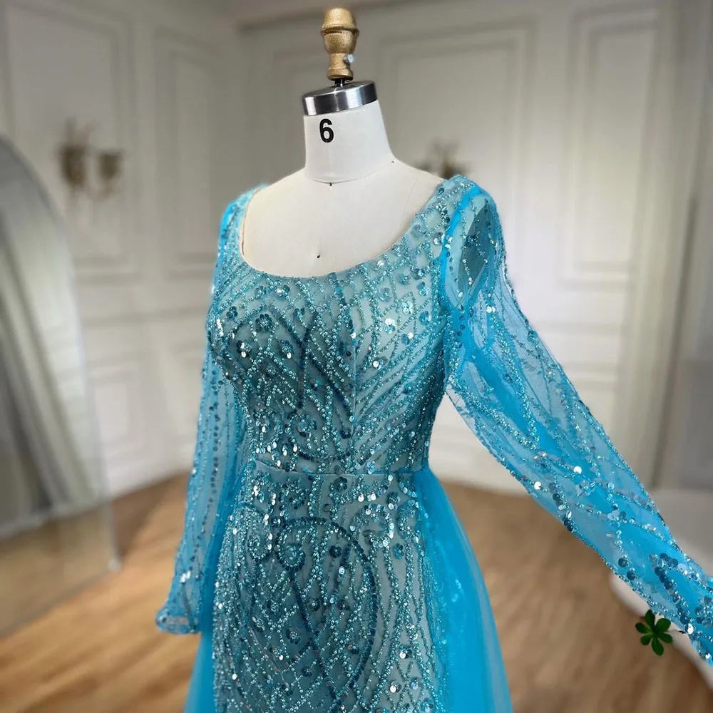 Elegant Blue Muslim Mermaid Evening Dress with Beaded Overskirt for Women - Wedding, Party & Special Occasion Gowns 2025 | LA72409 | Perfect for Bridal Showers, Galas & Formal Events