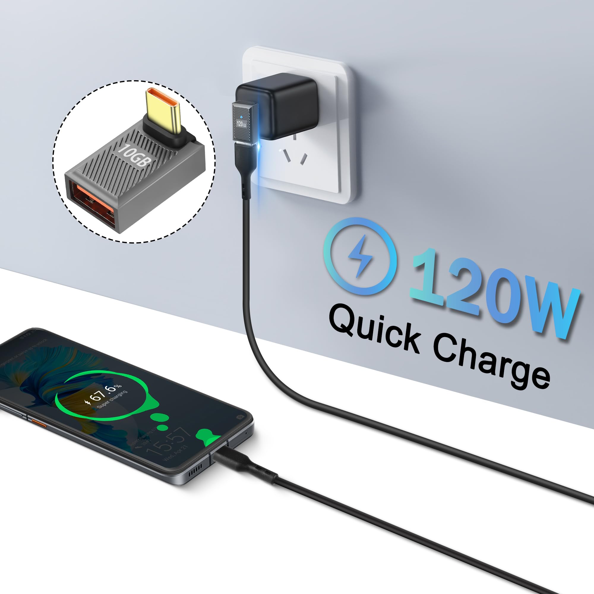 GELRHONR 90 Degree USB C to USB Adapter (2-Pack) - USB 3.1 Type C Male to Female OTG Converter, 10Gbps Data Transfer & 120W/6A Fast Charging, Thunderbolt 3 Compatible - Perfect for Laptops, Phones & Tablets Charging in Tight Spaces