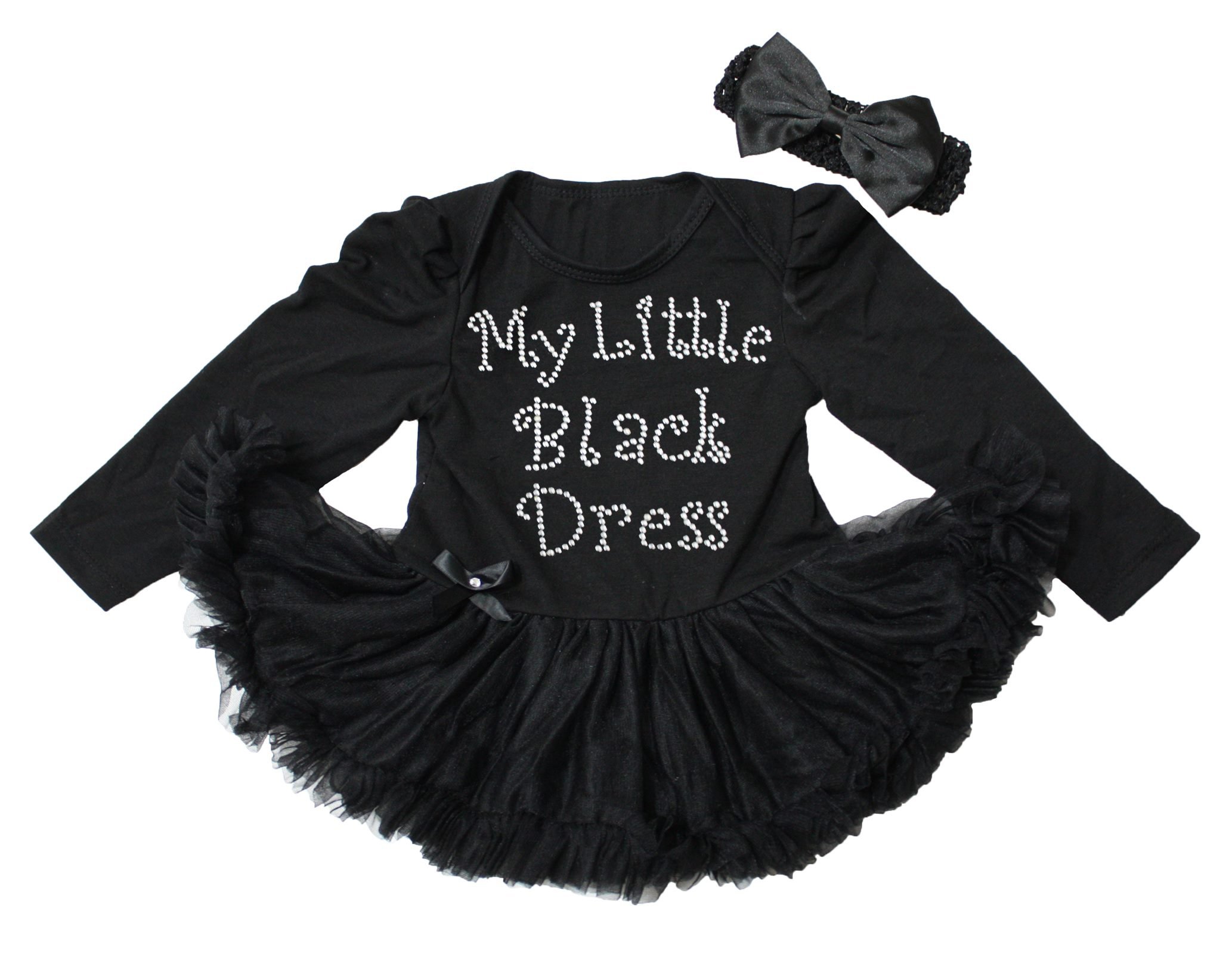 PetiteBella My Little Black Dress Long Sleeve Cotton Bodysuit for Baby Girls NB-18 Months | Classic Black Baby Outfit for Special Occasions, Photo Shoots & Family Gatherings