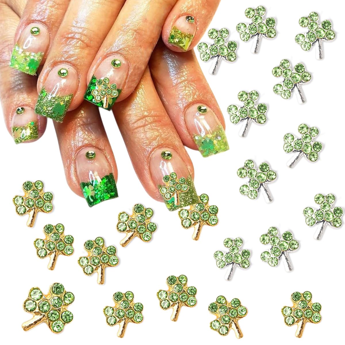 20Pcs St. Patrick's Day 3D Alloy Nail Charms - Green Shamrock Rhinestones, Gold Silver Glitter Nail Art Decorations for Women | Irish Nail Gems for Acrylic Manicure, Salon & DIY Nail Art | Perfect for St. Patrick's Parties, Nail Art Competitions & Festive Celebrations