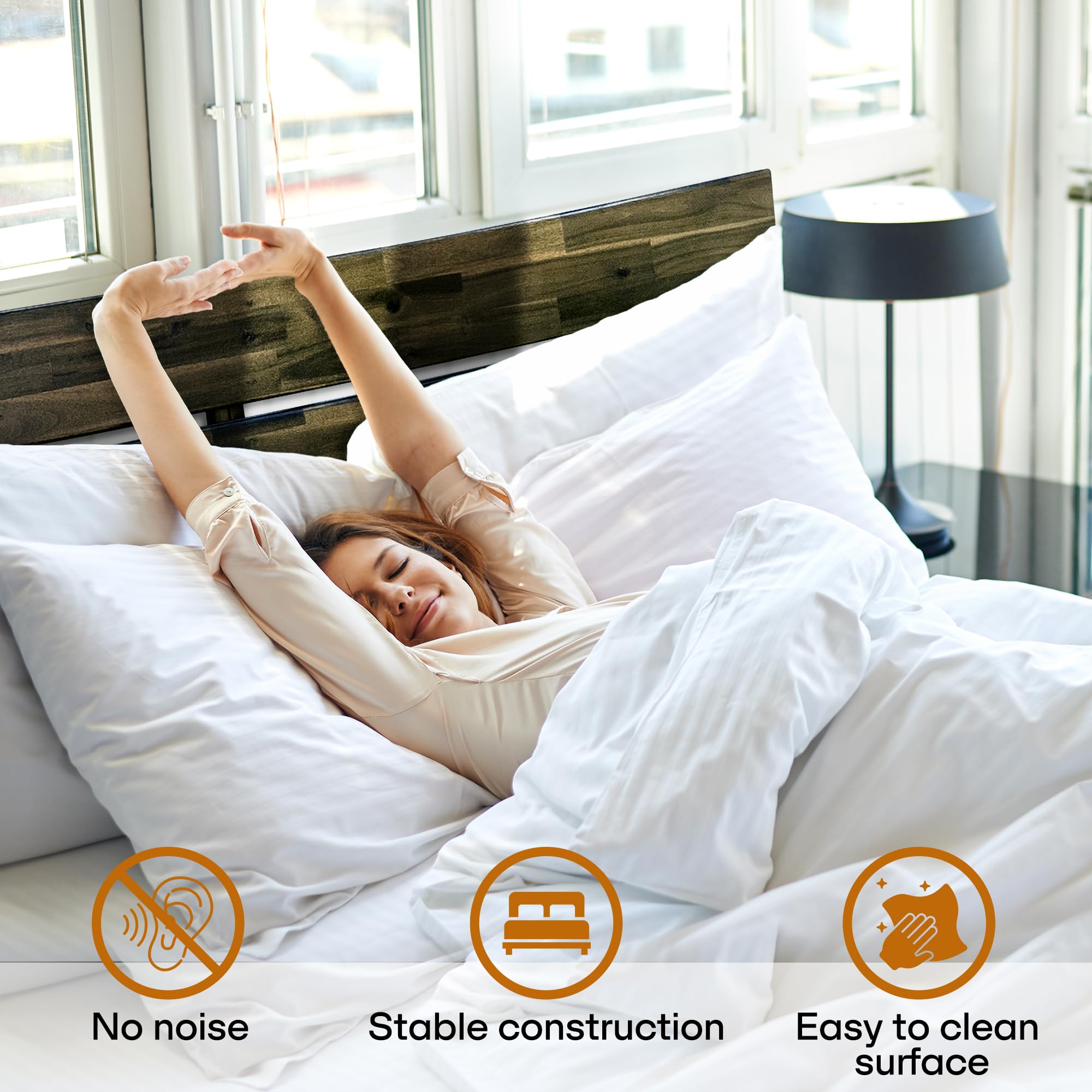 Acacia Aurora Queen Bed Frame with Solid Wood Headboard - Contemporary Platform Bed for Queen Size Mattress | Non-Slip, Noise-Free Design | Easy Assembly in Mocha Finish | Perfect for Modern Bedrooms, Guest Rooms & Master Suites
