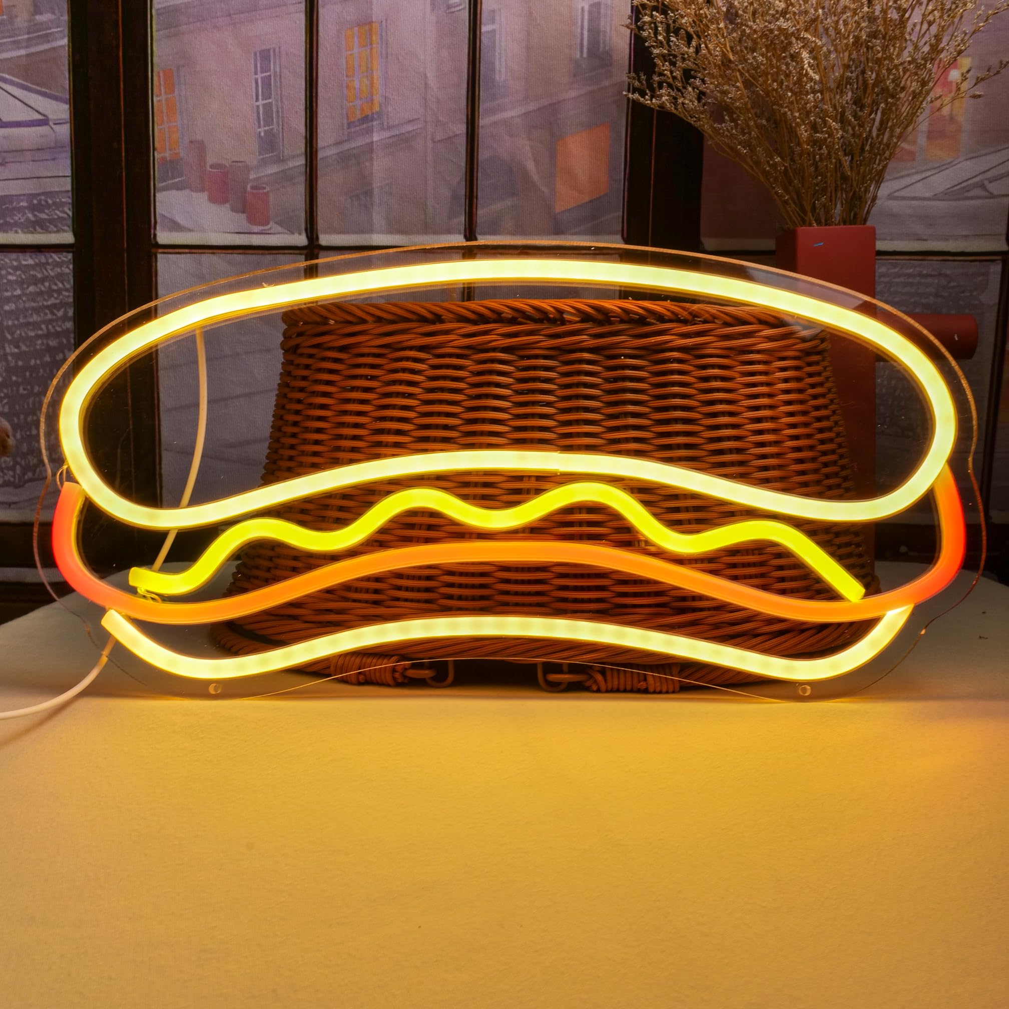15.7x7.8 Inch Hamburg Hot Dog Shaped LED Neon Sign - Retro Fast Food Wall Light for Home, Bar, Restaurant & Cafe Decor - Perfect for Kitchen, Diner & Party Lighting