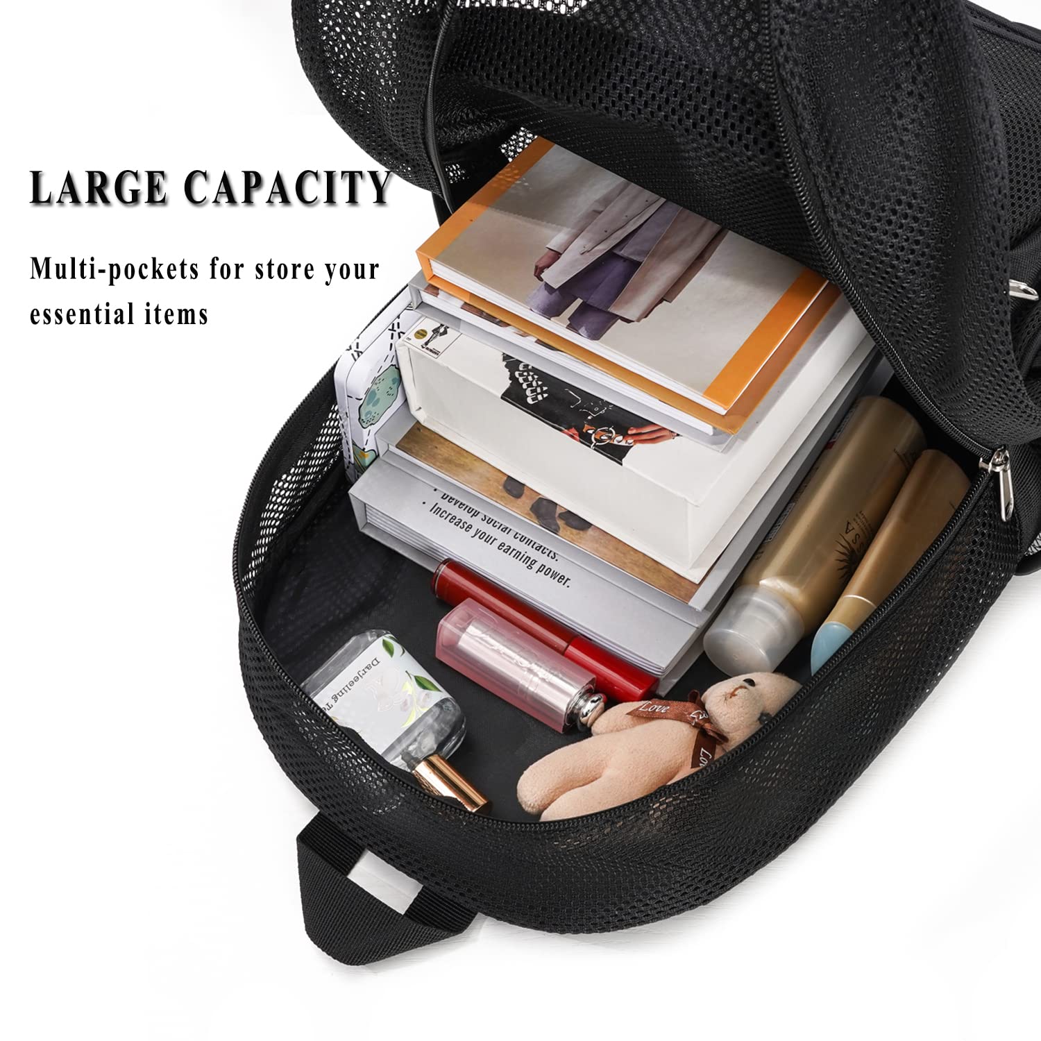 Transparent Mesh Backpack - Heavy Duty See Through Bookbag for School, Gym, Travel & Outdoor Activities | Water-Resistant Net Backpack for Swimming, Beach & Sports (Black)