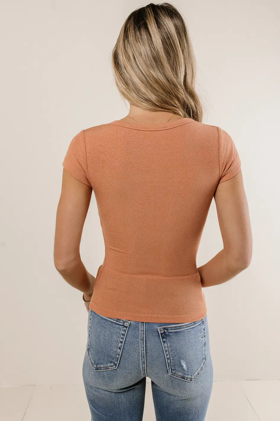 Freya Ribbed Coral Knit Top for Women | Soft Stretch Crewneck T-Shirt | Casual & Layering Outfits | Perfect for Everyday Wear, Office & Weekend Looks
