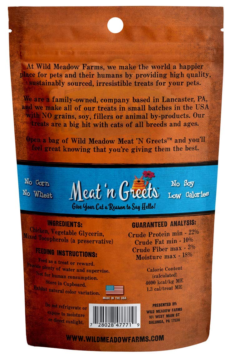 Wild Meadow Farms Cat Treats - Meat 'N Greets Soft Jerky Chicken Flavor - High Protein Cat Snacks for Training, Rewards & Bonding - Grain Free, Natural Ingredients for Healthy Cats - Perfect for Indoor & Outdoor Cats