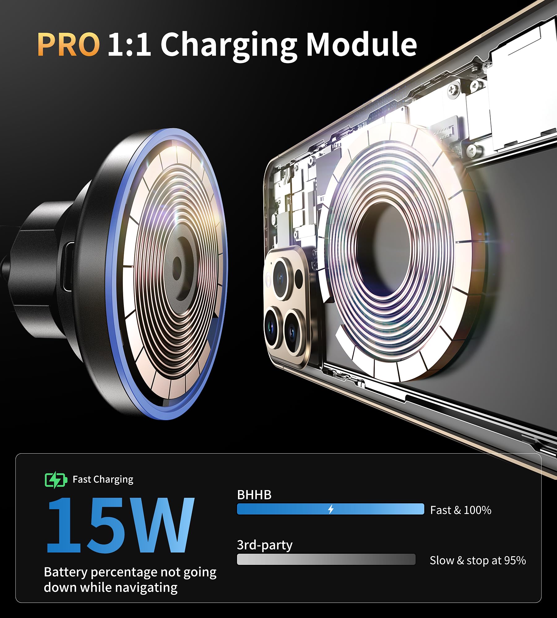 BHHB 15W MagSafe Car Mount Charger - Magnetic Phone Holder for iPhone 16/15/14/13/12 Series - Fast Wireless Charging for Car Vent & Dashboard - Perfect for Commuting, Road Trips & Hands-Free Driving