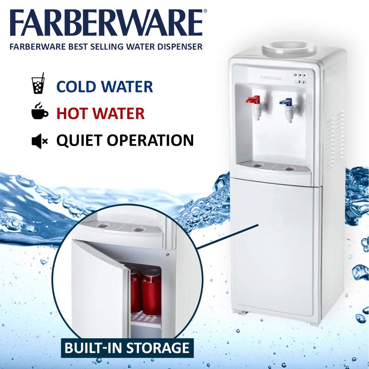 Farberware FW29919 Freestanding Hot and Cold Water Cooler Dispenser - Top Loading Water Dispenser with Storage Cabinet, White | Office, Home & Kitchen Use