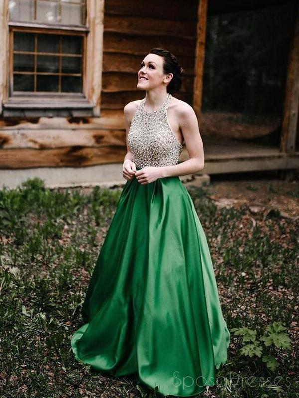 Elegant Beaded Green Halter A-Line Long Evening Prom Dress for Sweet 16 | Formal Gown for Homecoming, Quinceañera & Special Occasions