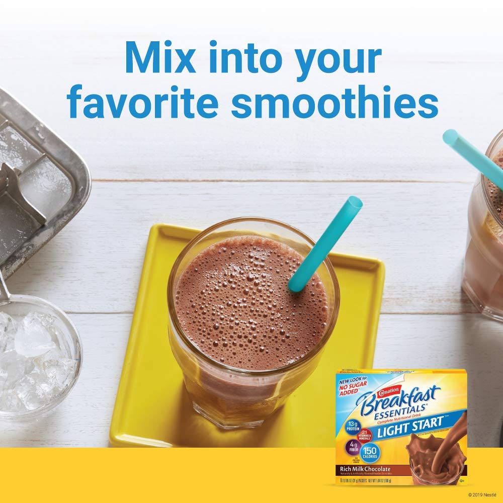 Carnation Breakfast Essentials Light Start Powder Drink Mix - Rich Milk Chocolate Flavor, 8 Single-Serve Packets | Quick & Nutritious Breakfast Solution for Busy Mornings, Workouts & On-the-Go Lifestyles