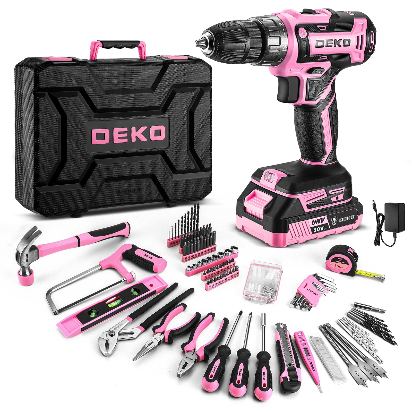 DEKOPRO 20V Cordless Drill Kit - Pink Power Drill Set with Battery, Electric Drill Driver, Toolbox & Accessories for Home Repair, DIY Projects, Woodworking & Handyman Tasks (DKMT186-GP)