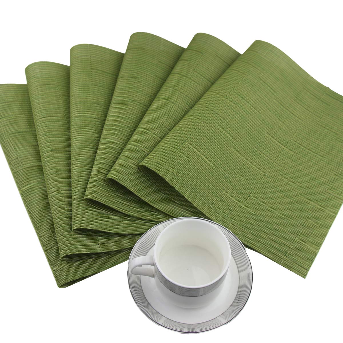 Heat-Resistant Cross-Weave Placemat & Table Runner Set (6 Placemats + 1 Runner, Sage Green) - Washable Dining Table Mats for Everyday Use & Dinner Parties