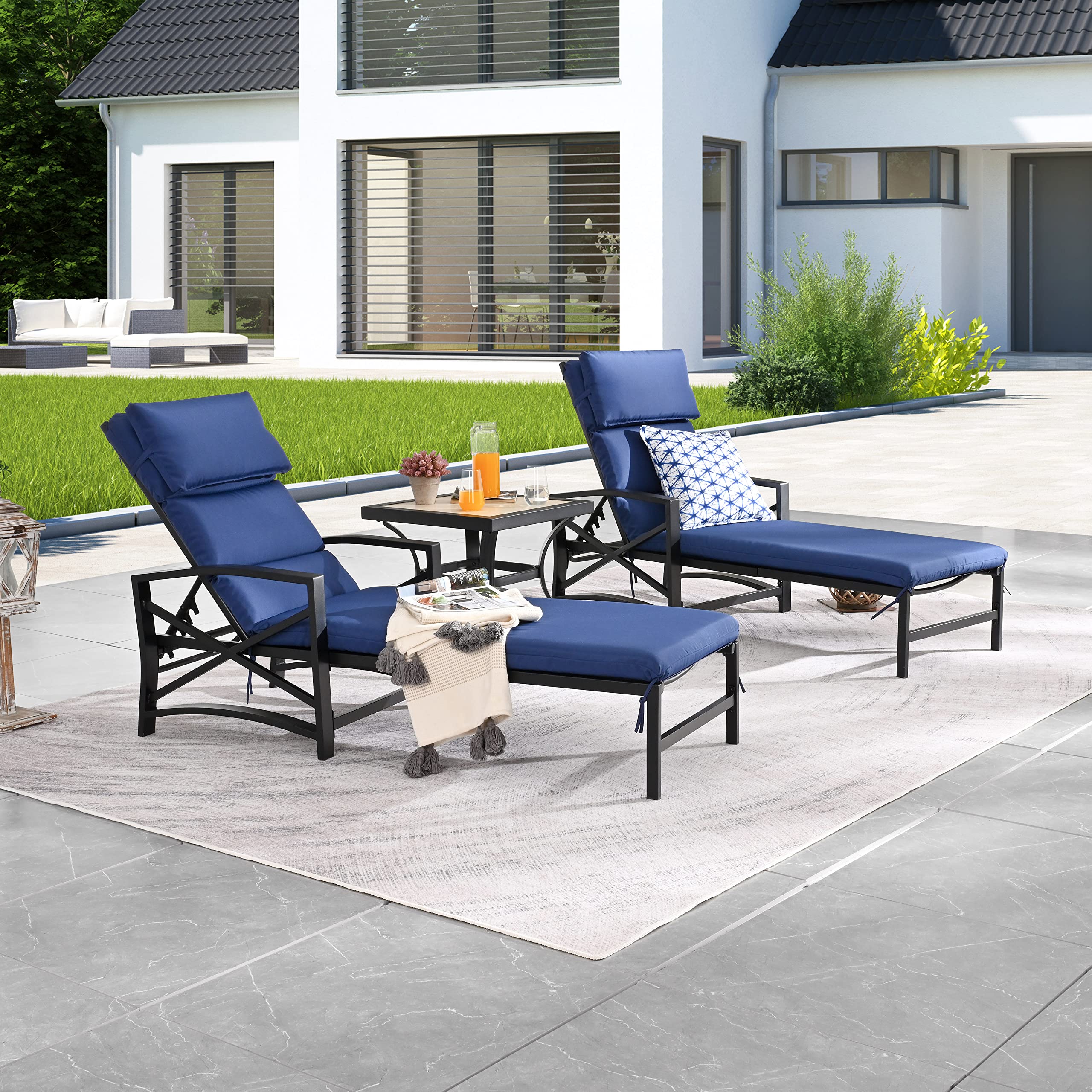LOKATSE HOME Patio Chaise Lounge Chair Set with Side Table - Outdoor Metal Furniture for Poolside, Garden & Backyard - Weather-Resistant Blue Lounge Chairs