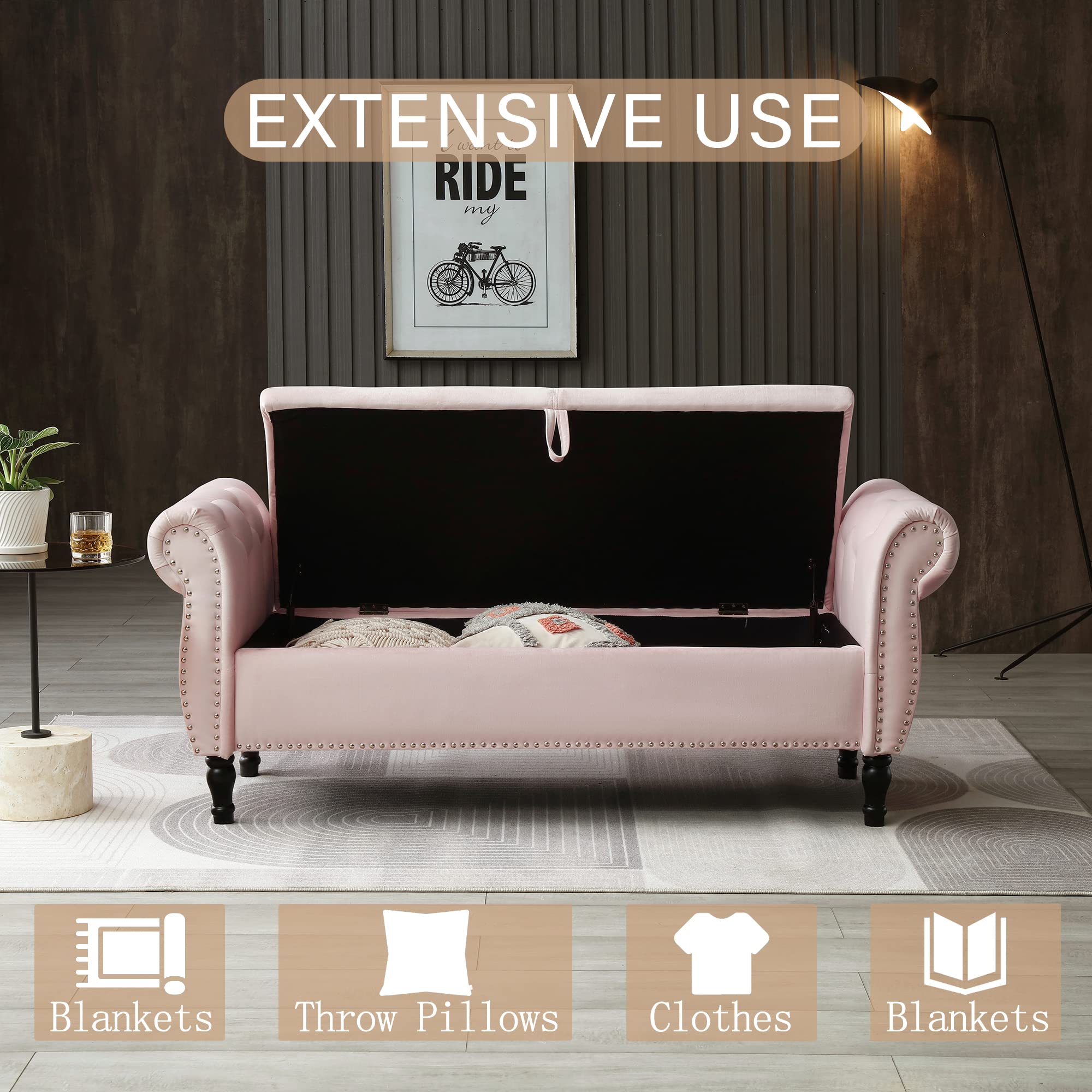 Homtique Velvet Storage Ottoman Bench - Large Tufted Bedroom Seat with Nailhead Trim, Multi-Functional Footstool & Hidden Storage for Living Room, Entryway (Pink) | Perfect for Small Space Organization & Extra Seating