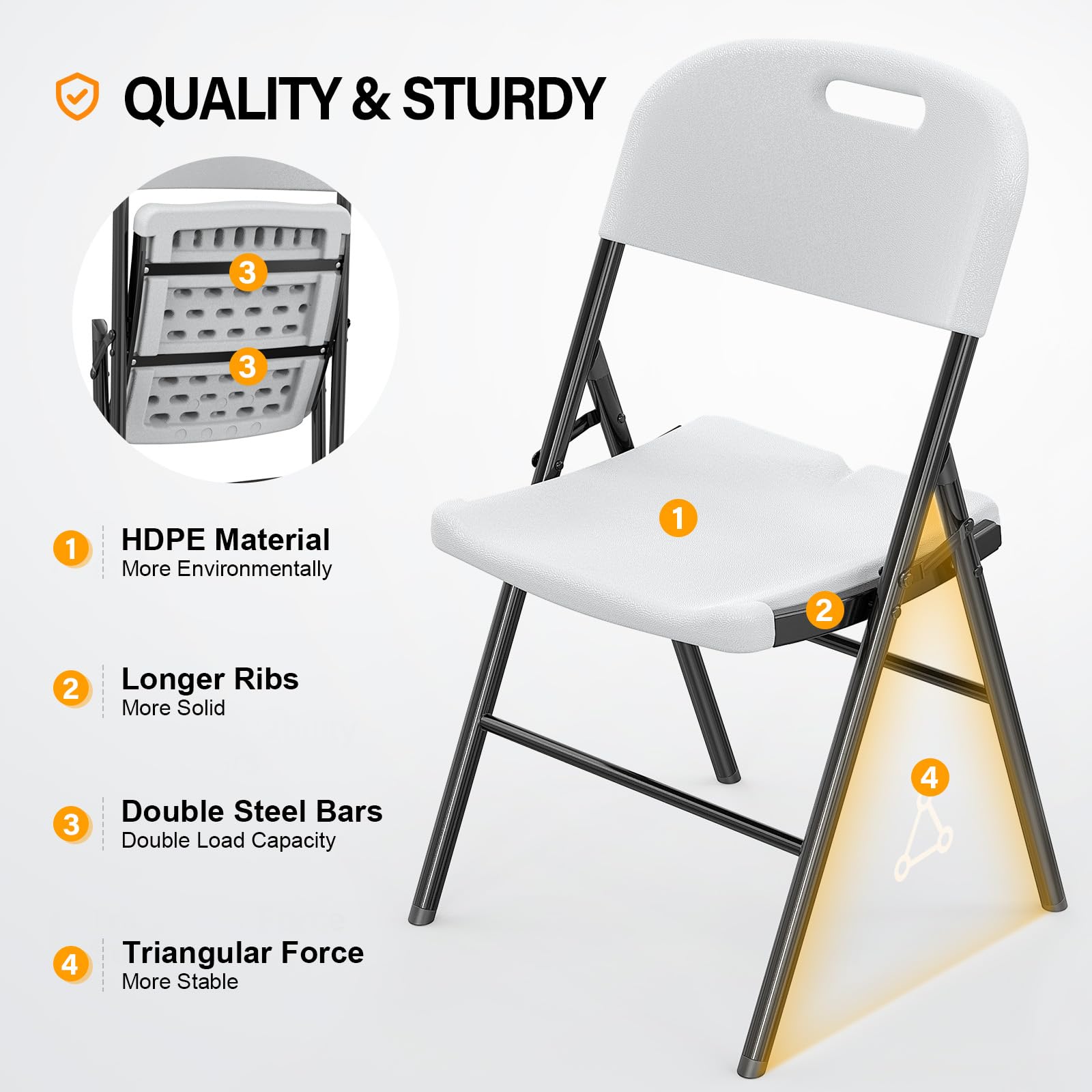 VINGLI Heavy Duty Folding Chairs 6-Pack - Sturdy HDPE Plastic Seats with Steel Frame for Indoor & Outdoor Use - Perfect for Dining, Parties, Weddings, School Events & Camping - White Portable Foldable Chairs