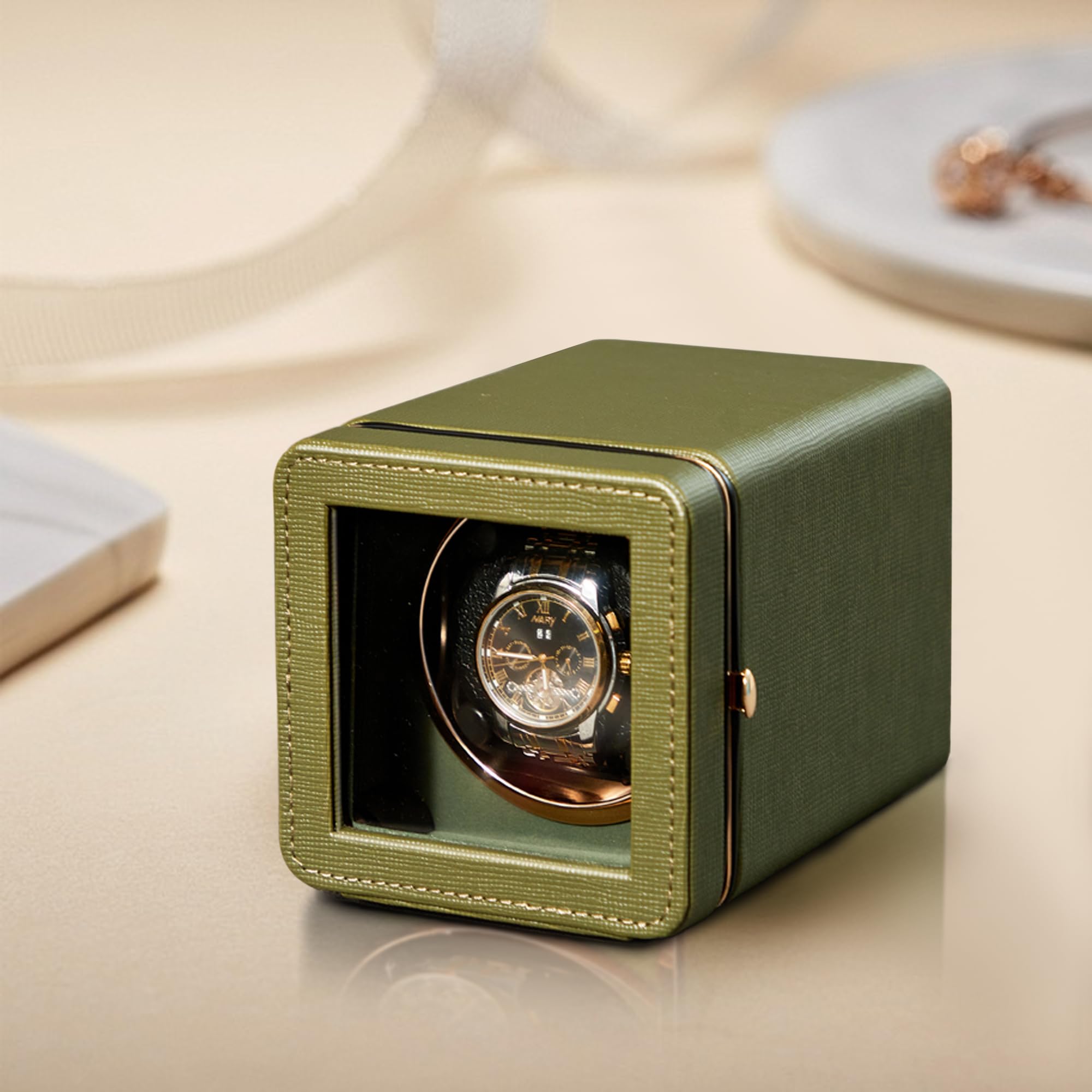 Premium Automatic Watch Winder for Men & Women - 4 Rotation Modes, Ultra Quiet Motor, Adjustable Elastic Pillow - Perfect for Rolex, Omega & Luxury Watch Storage (Home/Office/Travel Use)