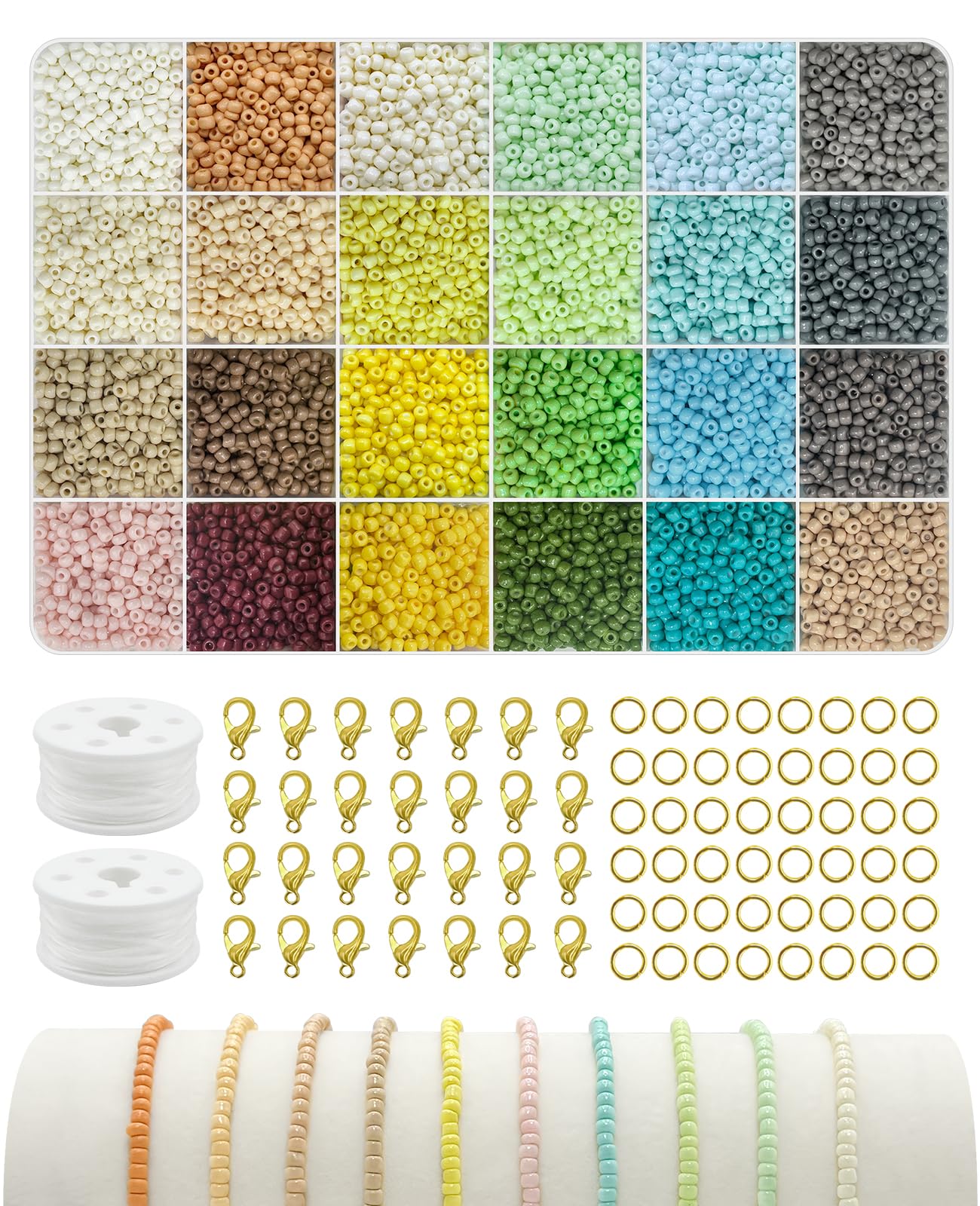 3mm Glass Seed Beads Kit - 10,000pcs 24 Colors Jewelry Making Supplies for Bracelets, Necklaces & DIY Crafts | Includes 2 Rolls of Strong Beading Cord | Perfect for Girls' Friendship Bracelets & Handmade Jewelry Projects