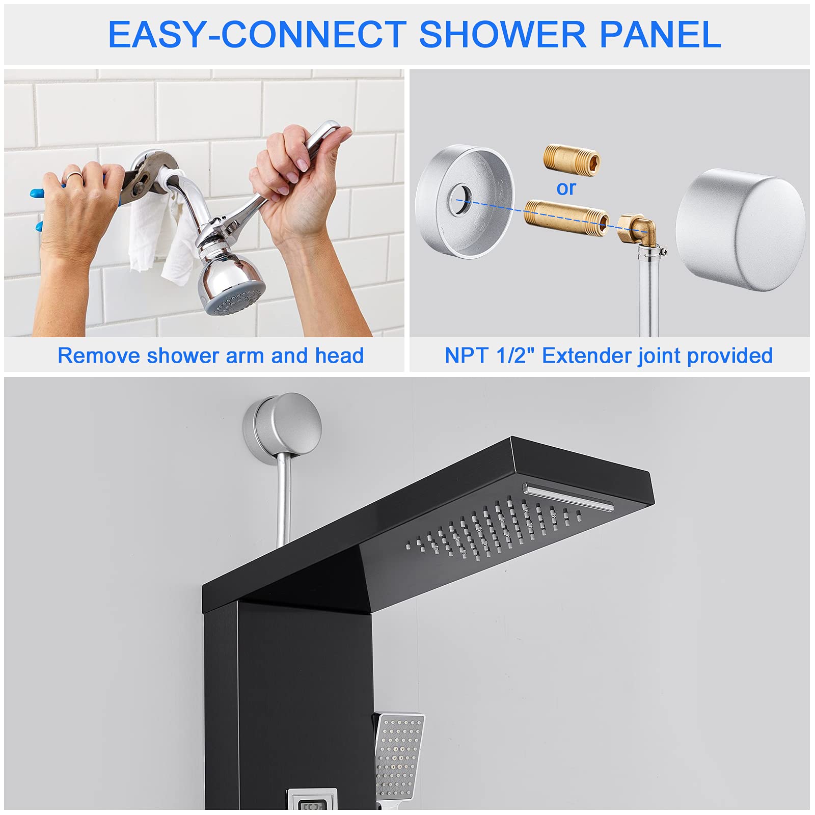 ROVOGO Modern LED Rain Shower Panel System - 2 Body Jets & Handheld Shower Head with Digital Temperature Display - Easy Connect Shower Tower Column in Black (Rough-In Valve Not Included) - Perfect for Bathroom Renovation & Spa-Like Shower Experience