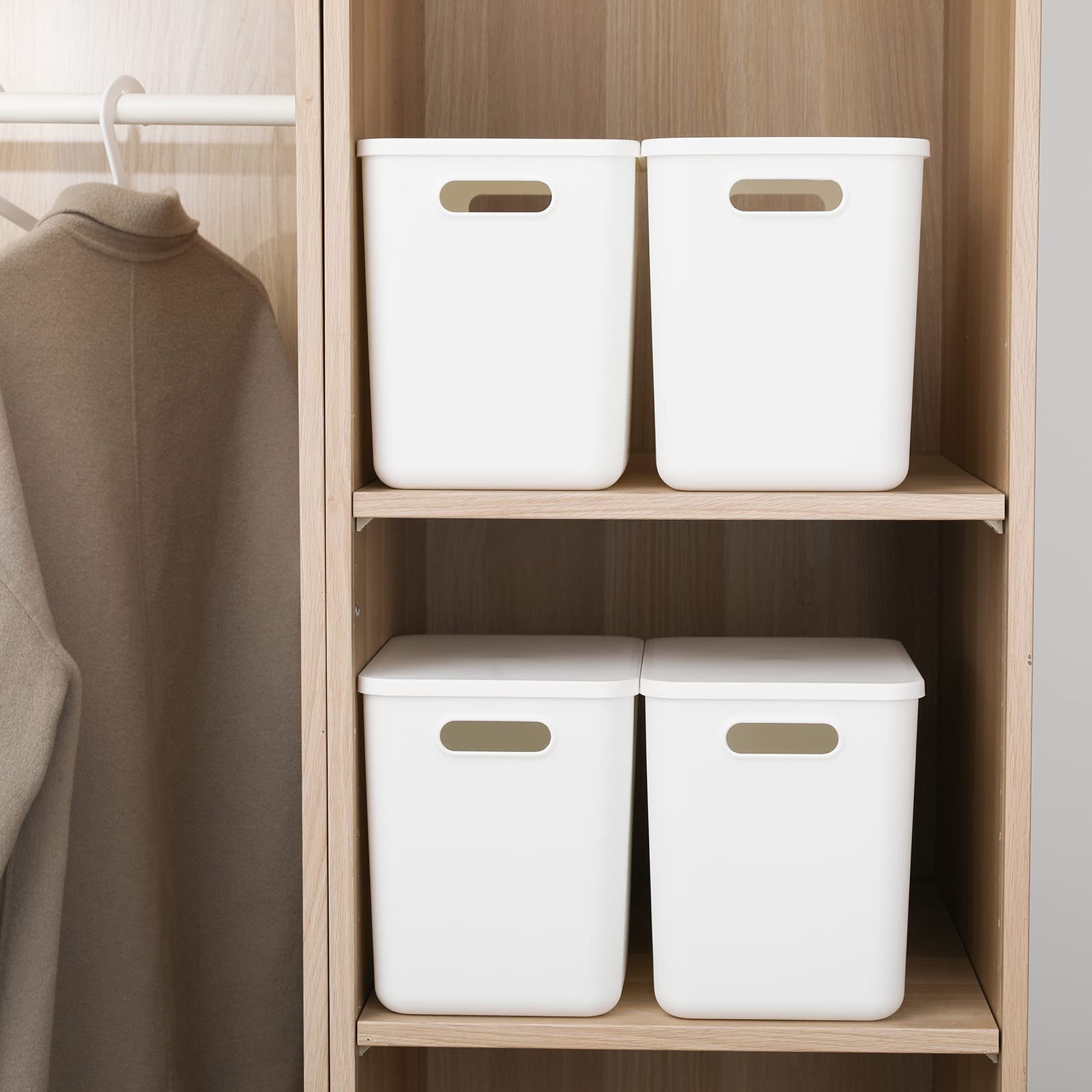 Plastic Storage Baskets with Lids - 4-Pack White Organizing Bins for Shelves, Drawers & Desktops | Perfect for Playroom, Classroom & Office Organization
