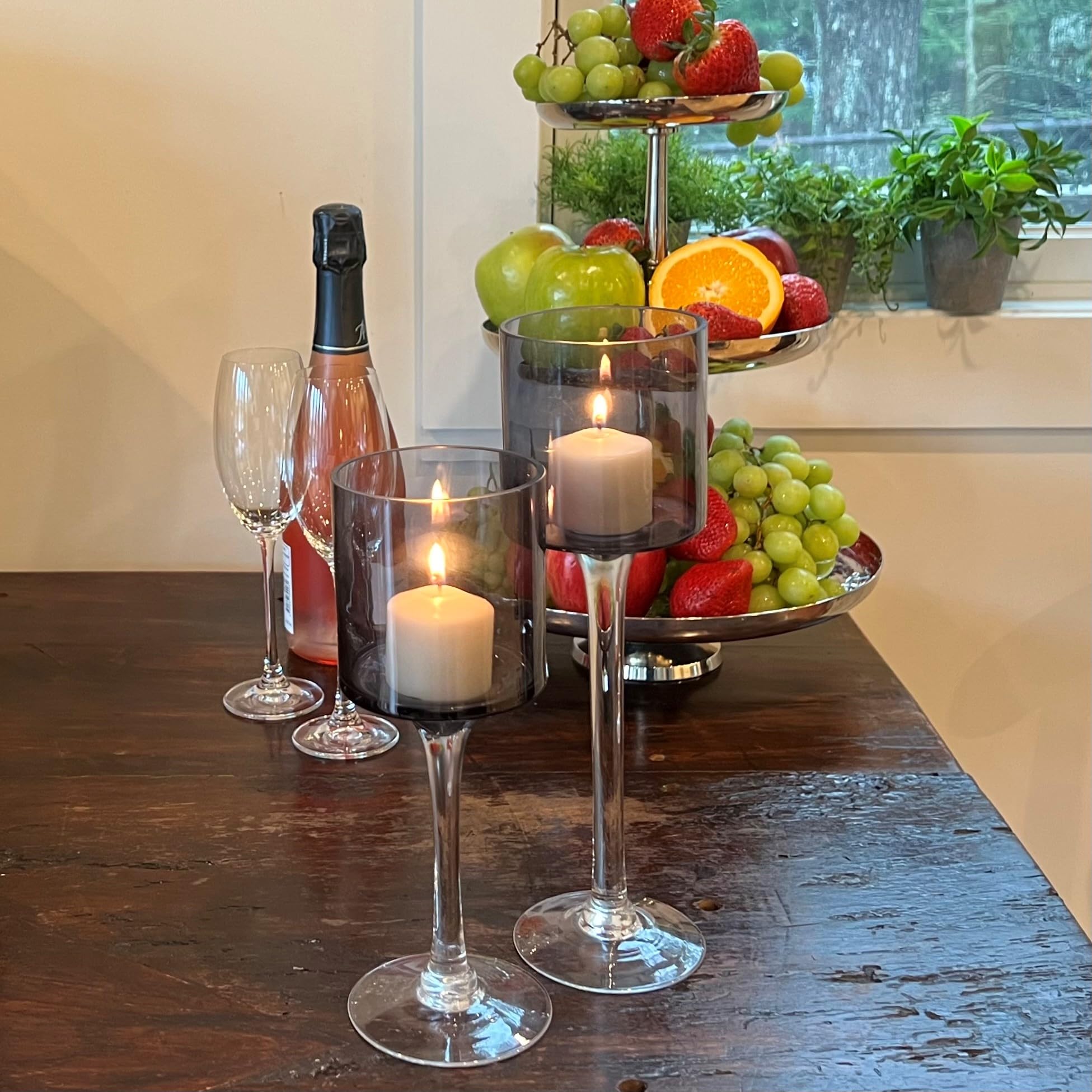 Elegant Glass Goblet Candle Holders Set of 2 - Grey Cups with Clear Stems, 9.75 & 11.75 Inch Lacquered Glass Votive & Tealight Candle Holders for Wedding Centerpieces, Romantic Dinner Decor, and Home Ambiance Lighting