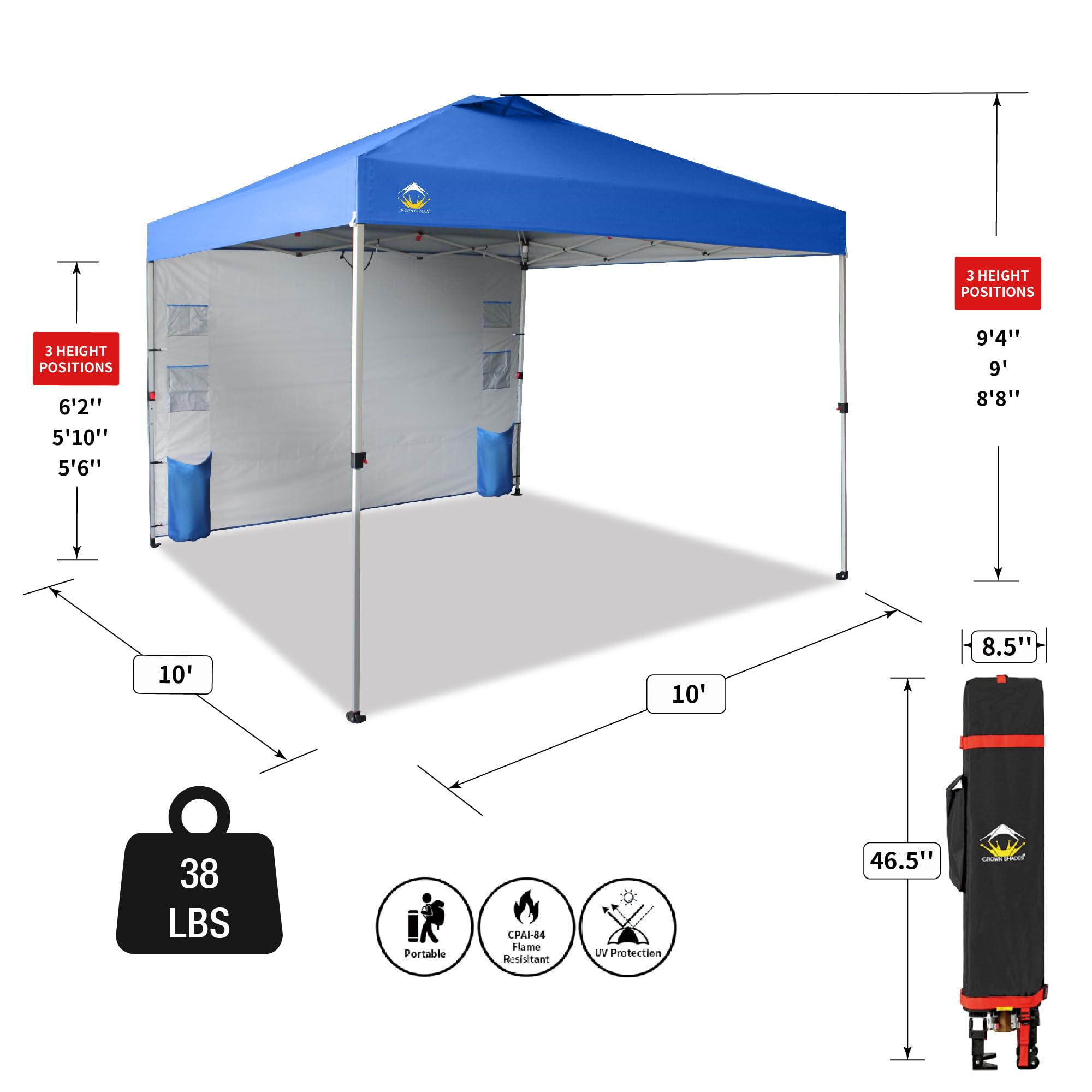 10x10 Pop Up Canopy Tent with Sidewalls & Pockets - Easy One-Person Setup Portable Sun Shelter for Camping, Beach, Backyard, Picnics & Outdoor Events - Blue Instant Shade Canopy by CROWN SHADES
