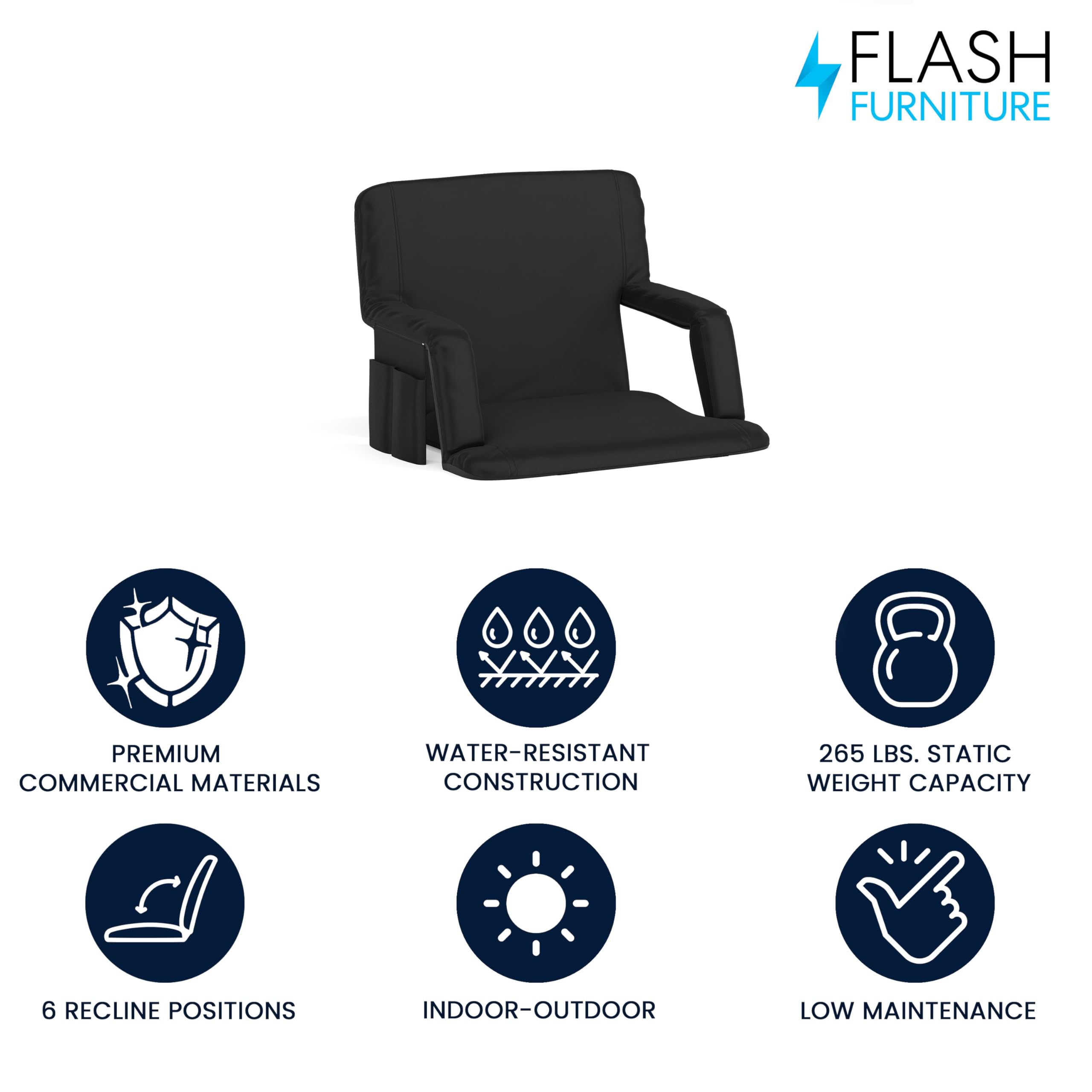 Flash Furniture Malta Extra Wide Portable Stadium Seat with Padded Back & Storage - Lightweight Bleacher Chair with Backpack Straps for Outdoor Sports, Concerts & Camping - Supports 265 lbs (Black)