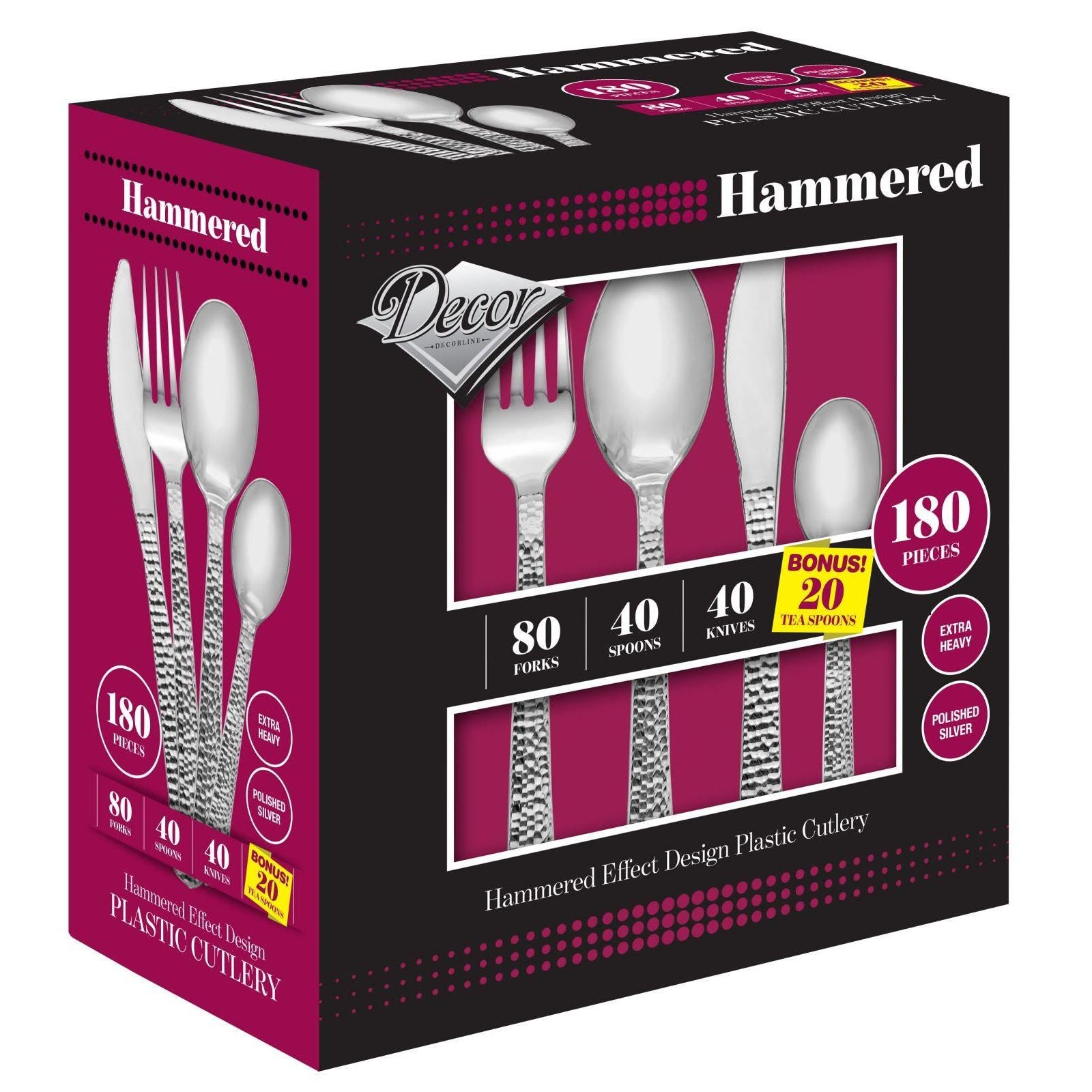 180-Piece Disposable Silver Plastic Cutlery Set - 40 Place Settings - Elegant Hammered Design - Perfect for Parties, Weddings, Picnics & Catering Events