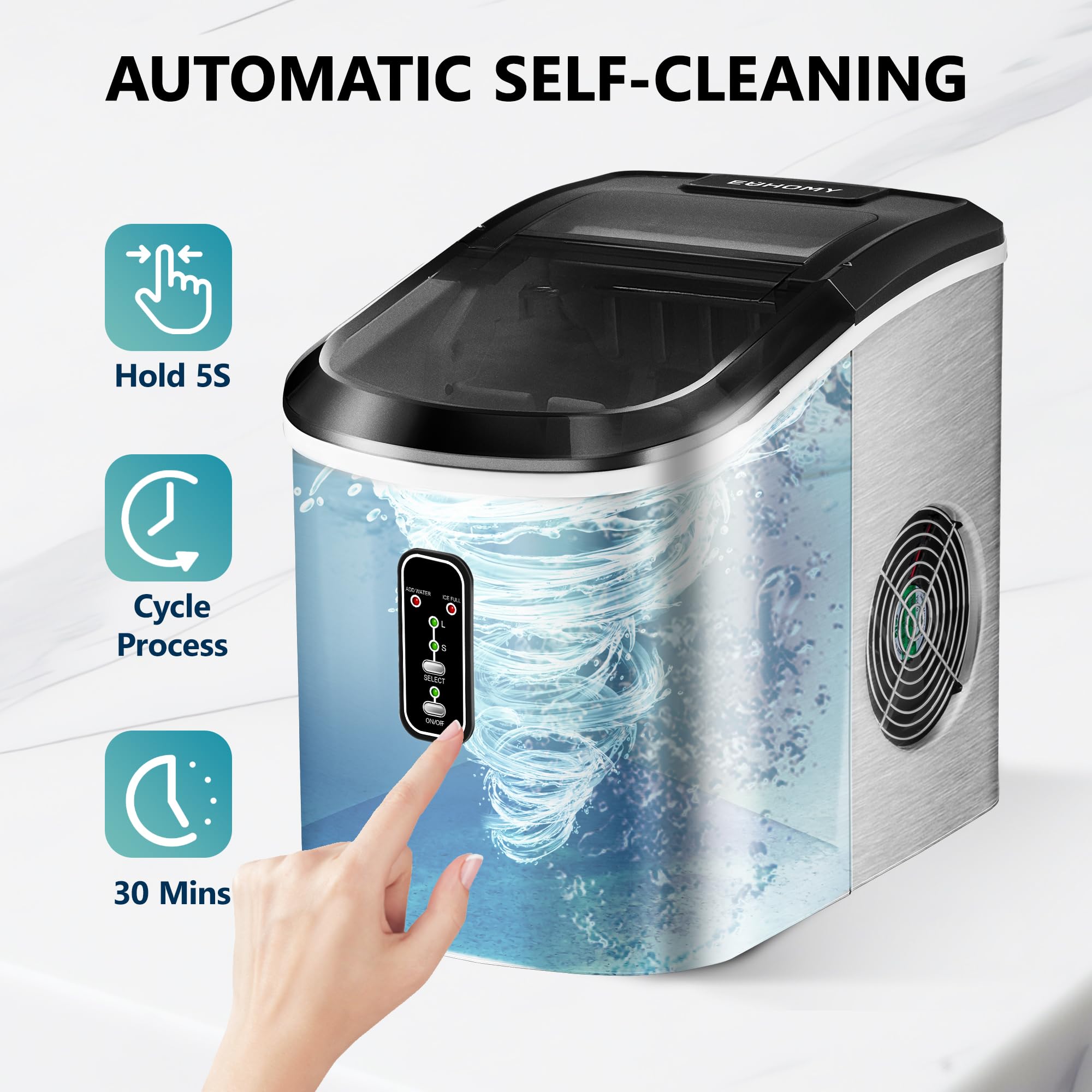 EUHOMY Portable Countertop Ice Maker - 26lbs Daily Output, 9 Ice Cubes in 8 Minutes, Self-Cleaning Smart Ice Machine with Scoop & Basket for Home, Kitchen, Office, Bar, RV (Silver) | Fast Cooling for Drinks, Parties & Outdoor Activities