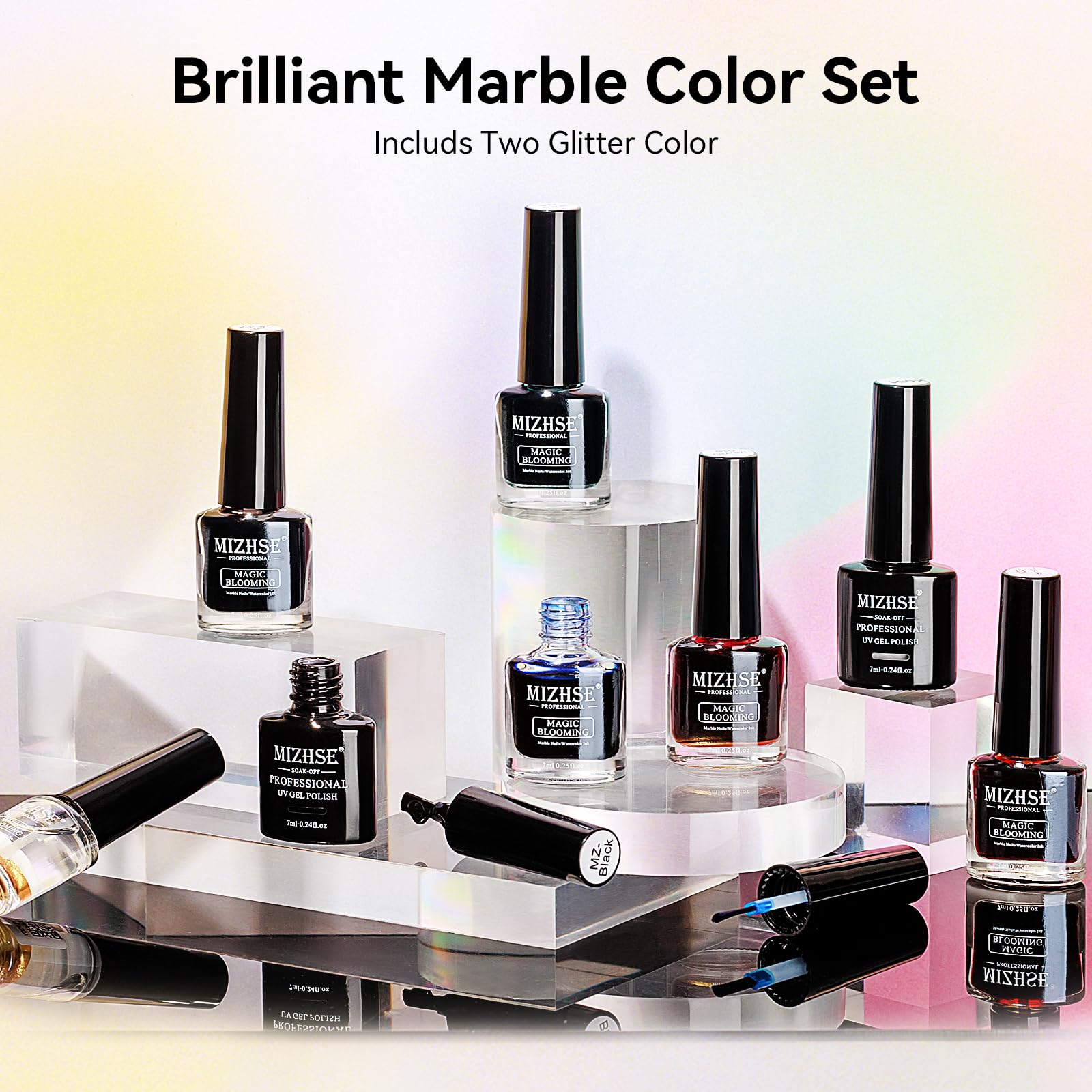 MIZHSE 8 Colors Glitter Marble Nail Polish Set - Blooming Marble Gel & Watercolor Nail Ink for DIY Nail Art, Home Manicure & Professional Salon Use - Perfect for Parties, Weddings & Special Occasions