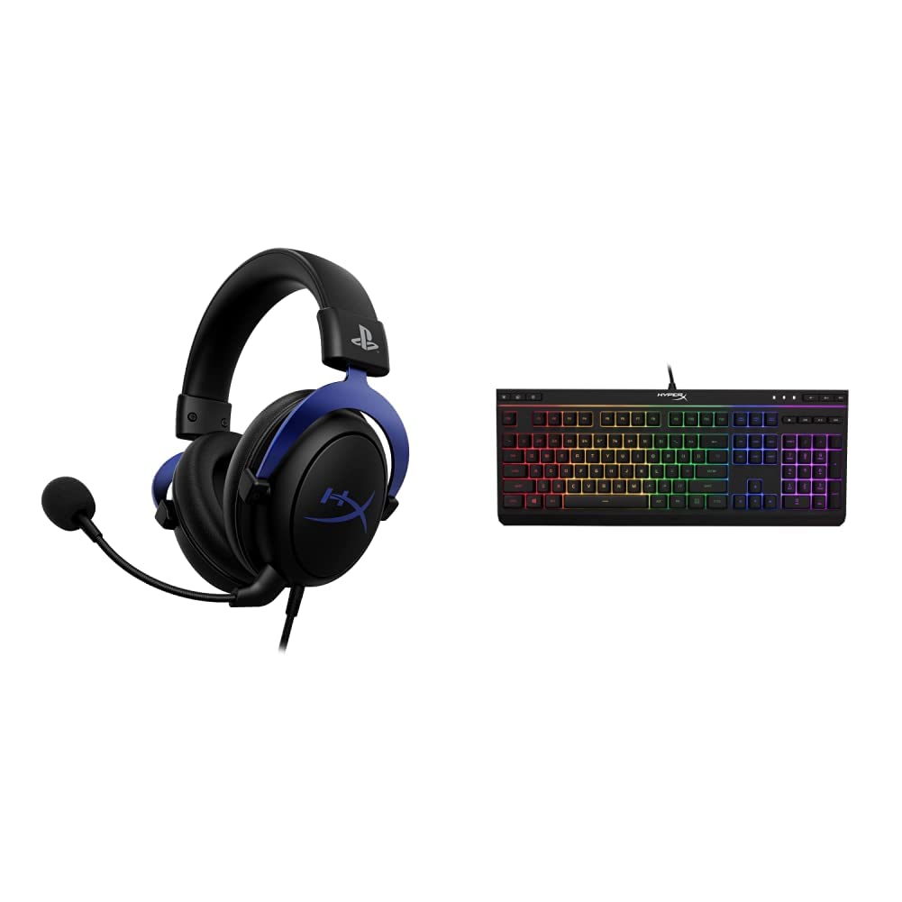 HyperX Cloud Gaming Headset - Official Licensed PlayStation Headphones with Noise Cancelling Mic & Alloy Core RGB Membrane Gaming Keyboard - Comfortable Silent Keys for PC, PS4, PS5 (Black) - Perfect for Competitive Gaming, Streaming & Late-Night Sessions