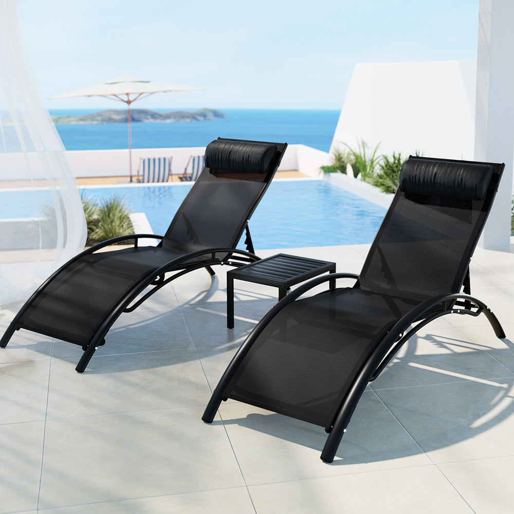 3-Piece Black Sun Lounger Set - Outdoor Patio Furniture for Poolside, Beach, and Garden Relaxation