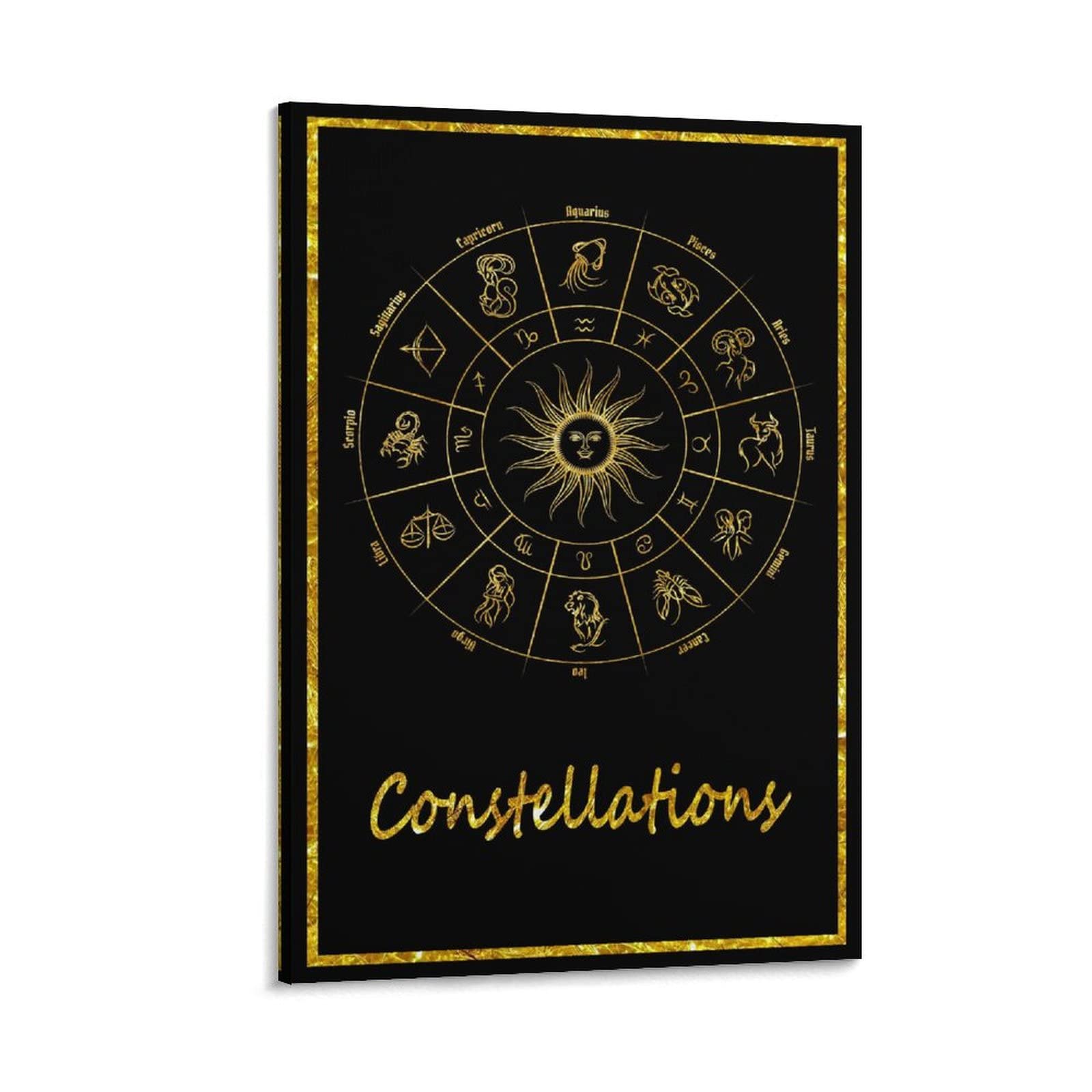 Golden Zodiac Star Map Constellation Art Print - 24x36 Inch (60x90cm) Framed Canvas Wall Art Poster for Bedroom, Living Room Decor - Perfect Gift for Astronomy Lovers & Home Aesthetic Enhancement