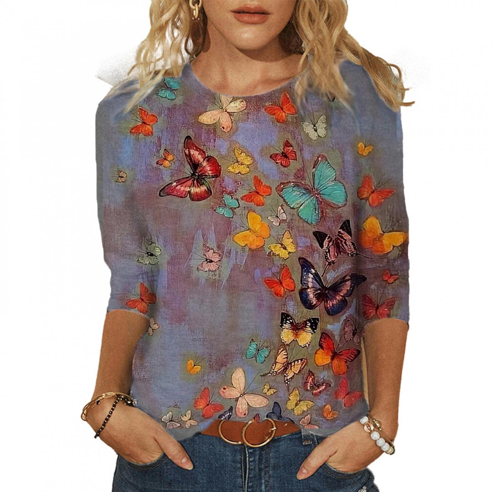 Butterfly Printed 3/4 Sleeve Crewneck Graphic Tees for Women - Casual T-Shirt Tops & Blouses for Everyday Wear, Work, and Weekend Outings