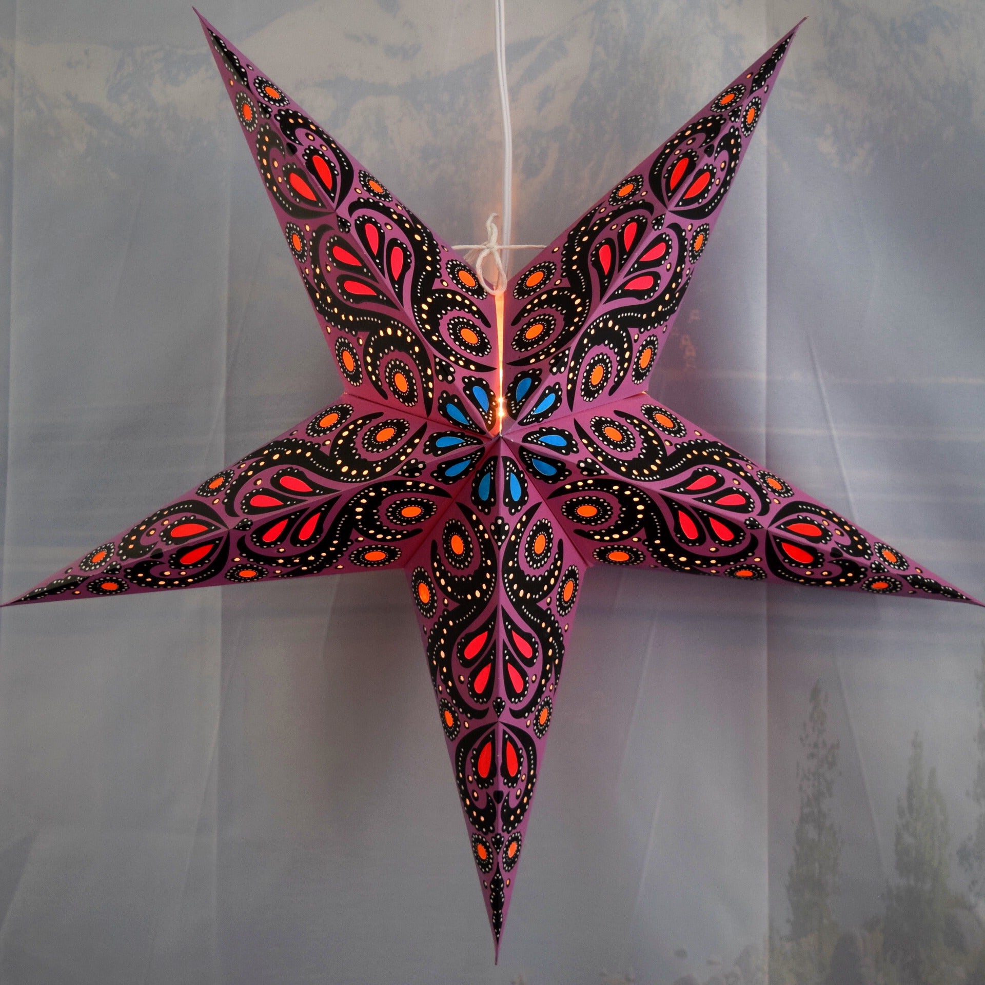 24 Inch Purple Astral Bloom Paper Star Lantern - Decorative Hanging Light for Bedroom, Party, Wedding & Home Decor