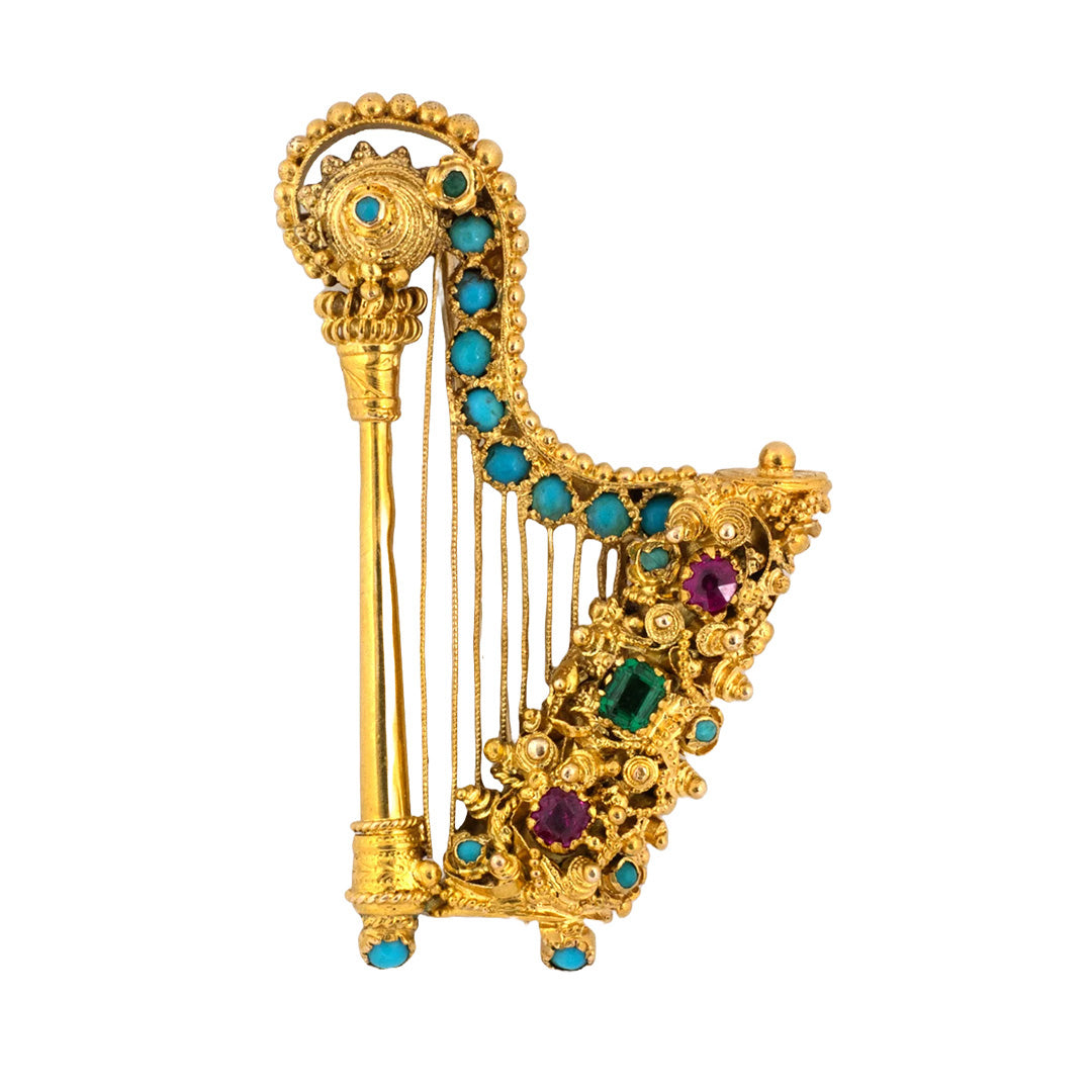 Multi Gemstone Harp Locket Pin - Elegant Vintage Brooch for Women, Perfect for Weddings, Parties & Special Occasions