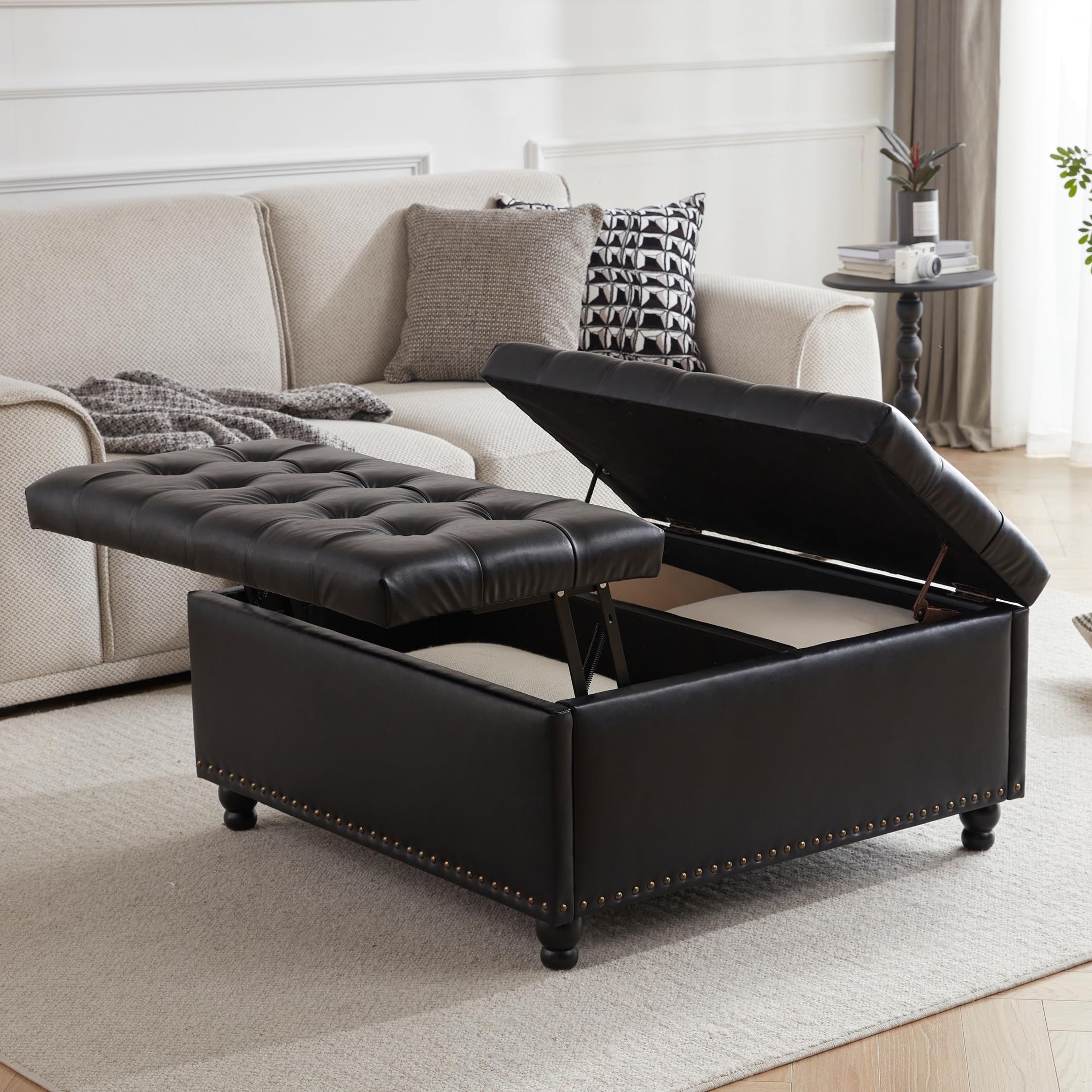Tbfit Large Square Storage Ottoman Bench - Tufted Upholstered Coffee Table Ottoman with Hidden Storage, Oversized Toy Box for Living Room, Bedroom & Nursery (Black) - Perfect for Home Organization, Extra Seating and Stylish Decor