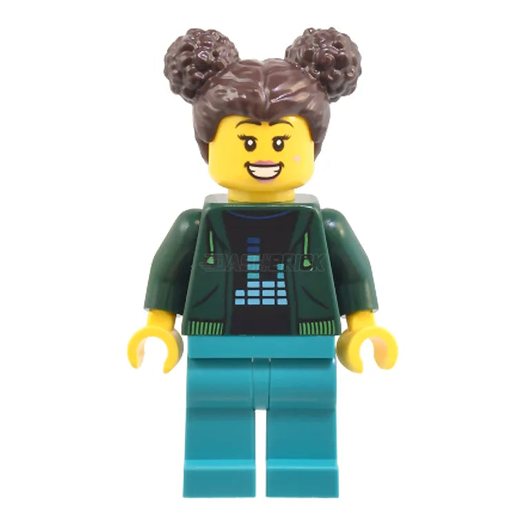 LEGO Minifigure Female with Hoodie, Dark Turquoise Legs & Dark Brown Hair with Buns - Perfect for Collectors, Custom LEGO City Scenes, and Creative Play