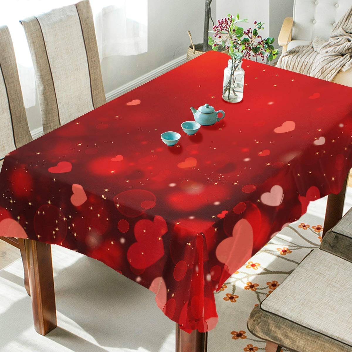 Romantic Valentine's Day Heart Print Tablecloth 54x72 Inches - Waterproof Rectangle Table Cover for Wedding, Party, Dining Room, Outdoor Picnic & Special Occasions