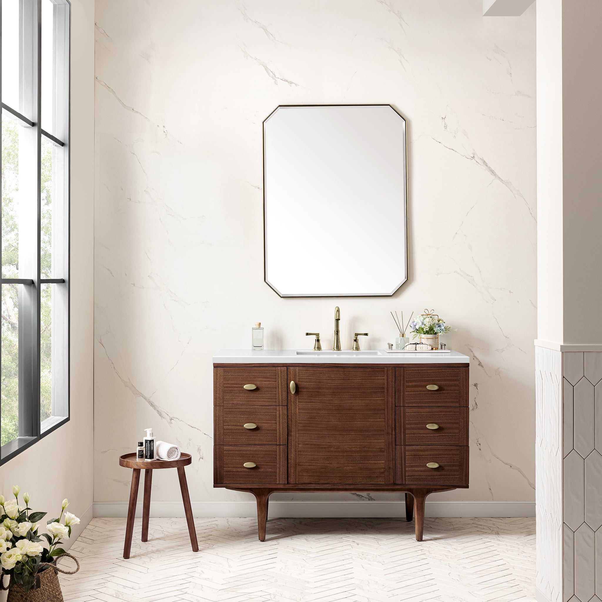Amberly 48 Inch Single Bathroom Vanity - Mid Century Modern Walnut Finish with 3CM White Zeus Quartz Top - Perfect for Small Bathrooms & Powder Rooms
