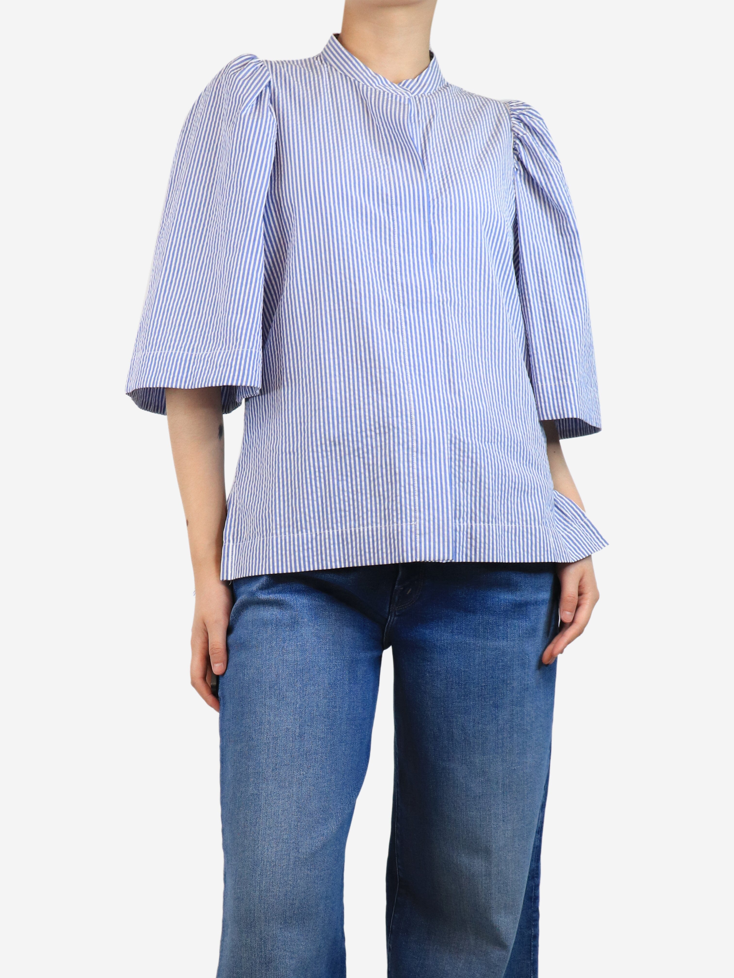 Blue and White Striped Seersucker Blouse - UK Size 10 | Lightweight Summer Top for Women | Perfect for Beach Outings, Casual Wear & Office Attire