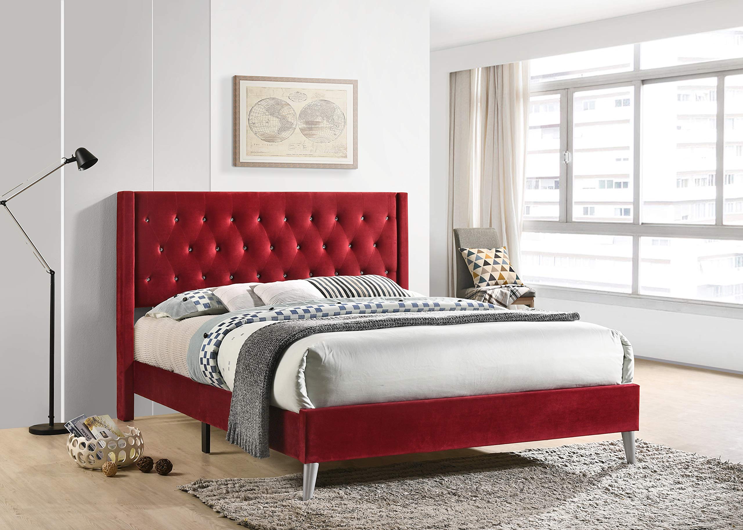 Carell Furniture Modern Velvet Upholstered Full Bed in Cherry - Luxurious Bedroom Furniture for Master Bedroom & Guest Room