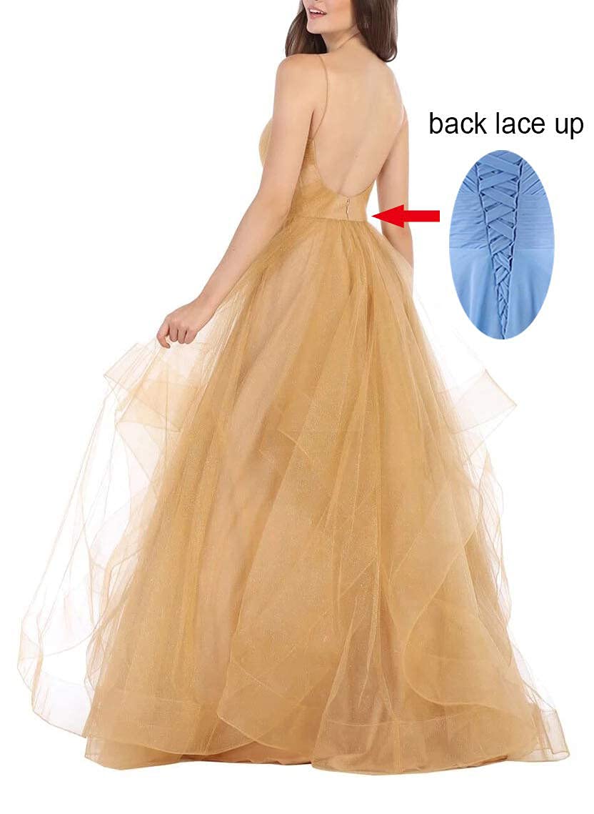 Elegant V-Neck Tulle Prom Dress with Long Spaghetti Straps - Glitter Ball Gown Tiered Formal Evening Dress in Blush (Size 24) | Perfect for Homecoming, Prom Night & Special Occasions